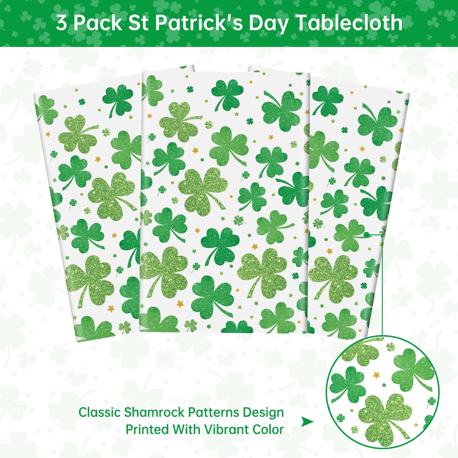 3 Pack St Patricks Day Tablecloth - Lucky Green Shamrock St Patrick's Tablecloths Set, Disposable Plastic St Patrick Table Cloth Cover for Happy St. Patrick's Day Dinner Table Decor Party Supplies