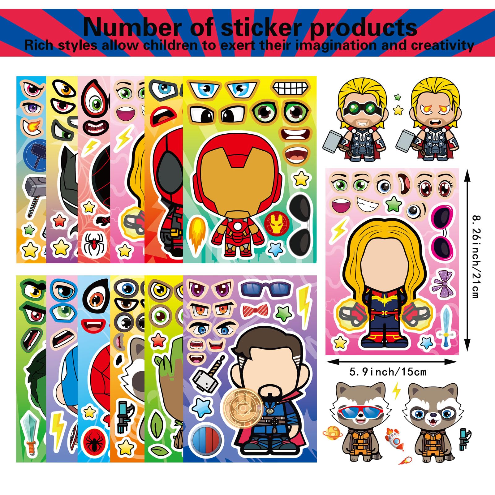 36 Pieces Make-a-face Stickers Pack, Heroes Make Your Own Stickers, Mixed & Matched with 12 Designed Characters(3 of Each) for Party Decoration, Reward, Decor 638