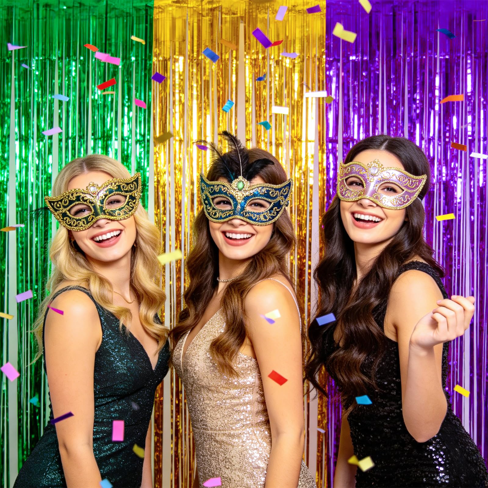 jijAcraft Purple Gold Green Tinsel Foil Fringe Curtain, 2 Pack 3.2x6.5 Feet Metallic Streamers Photo Booth Backdrop for Mardi Gras Carnival New Orleans Theme Birthday Graduation Disco Decorations