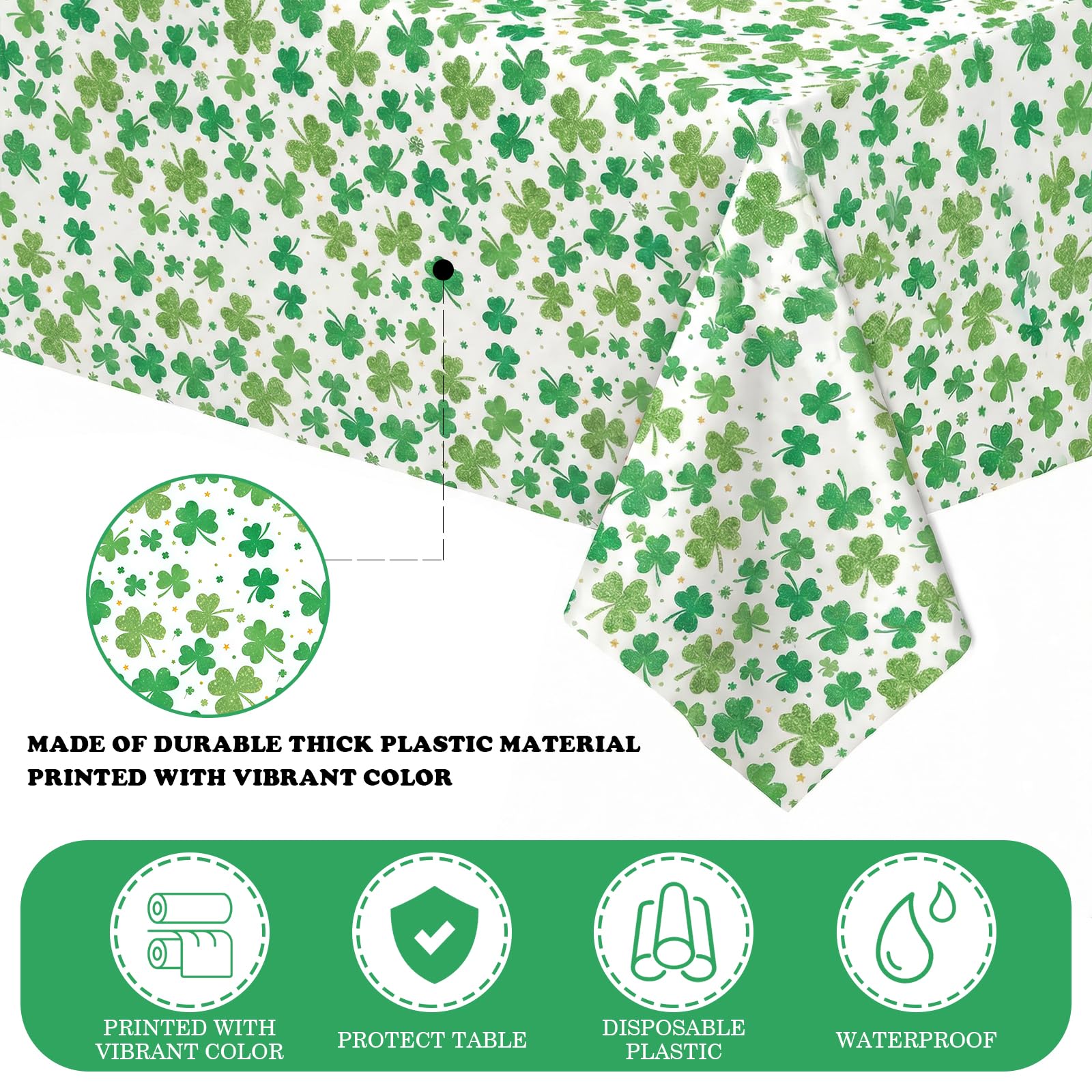 BokingOne 3 PCS St. Patrick’s Day Tablecloth, Disposable Plastic Table Cover Rectangle 54 x 108 Inch - Green Shamrock Golden Lucky Star Design for Irish Party, St. Paddy’s Day Celebrations.