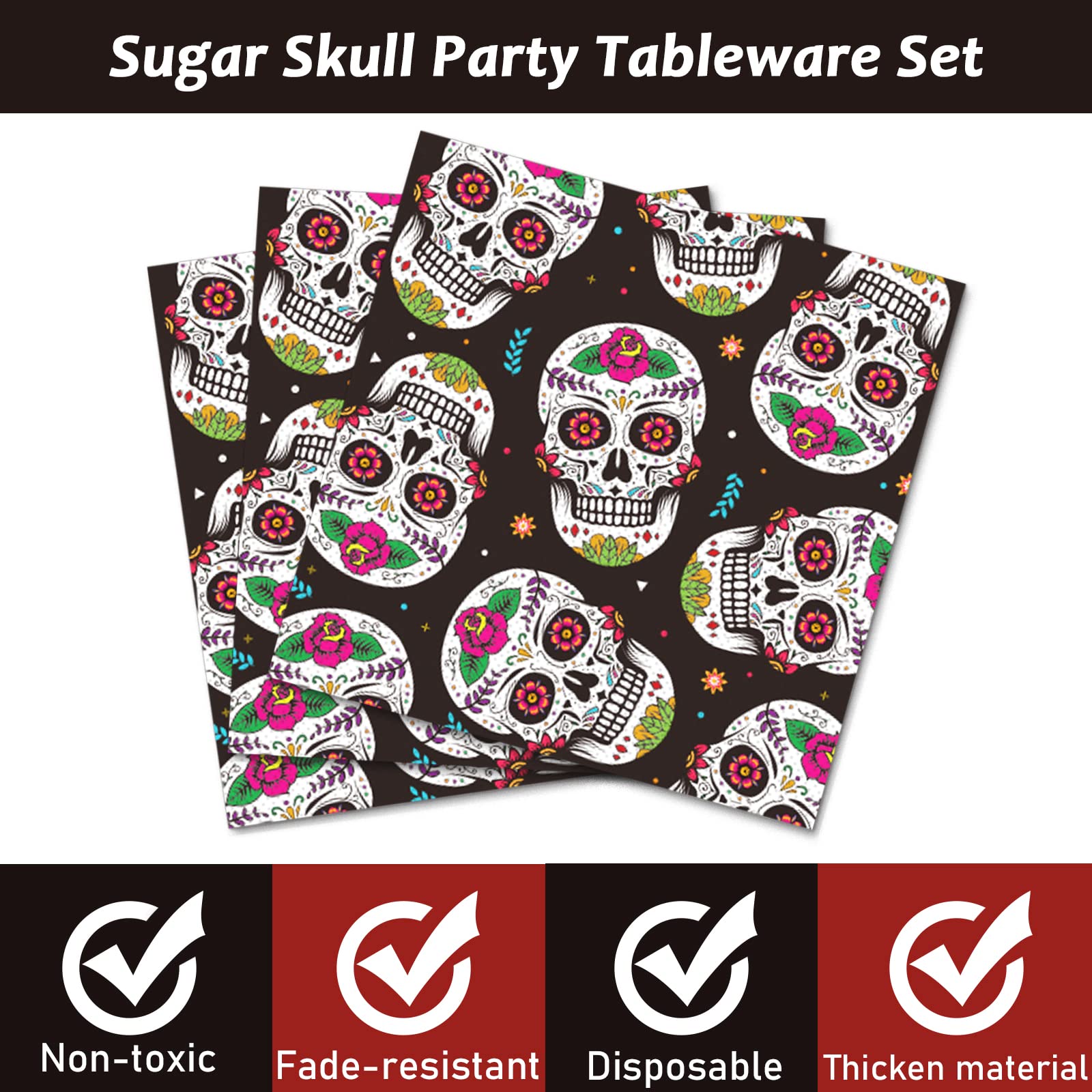 98pcs Day of the Dead Party Supplies Dia de Los Muertos Tablecloth Sugar Skull Tableware Set Plates for Mexican Fiesta Halloween Birthday Party Decor Carnival Tablecover Baby Shower Decorations Favors