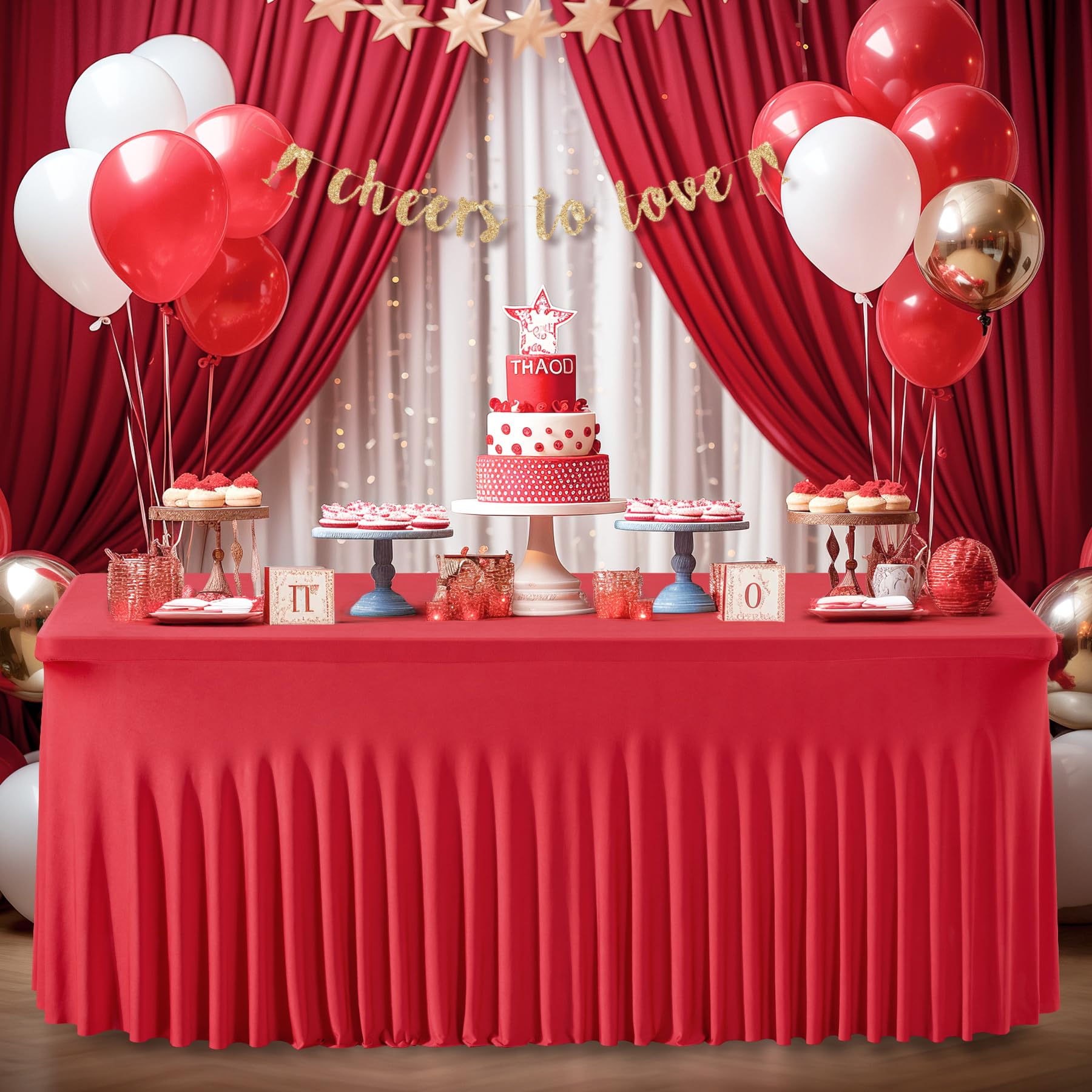 2 Packs Red Table Clothes for 8 Foot Rectangle Tables, Wrinkle Resistant Stretch Spandex Table Covers Fitted Tablecloth with Skirt for Valentines Event Banquet Wedding Birthday Party