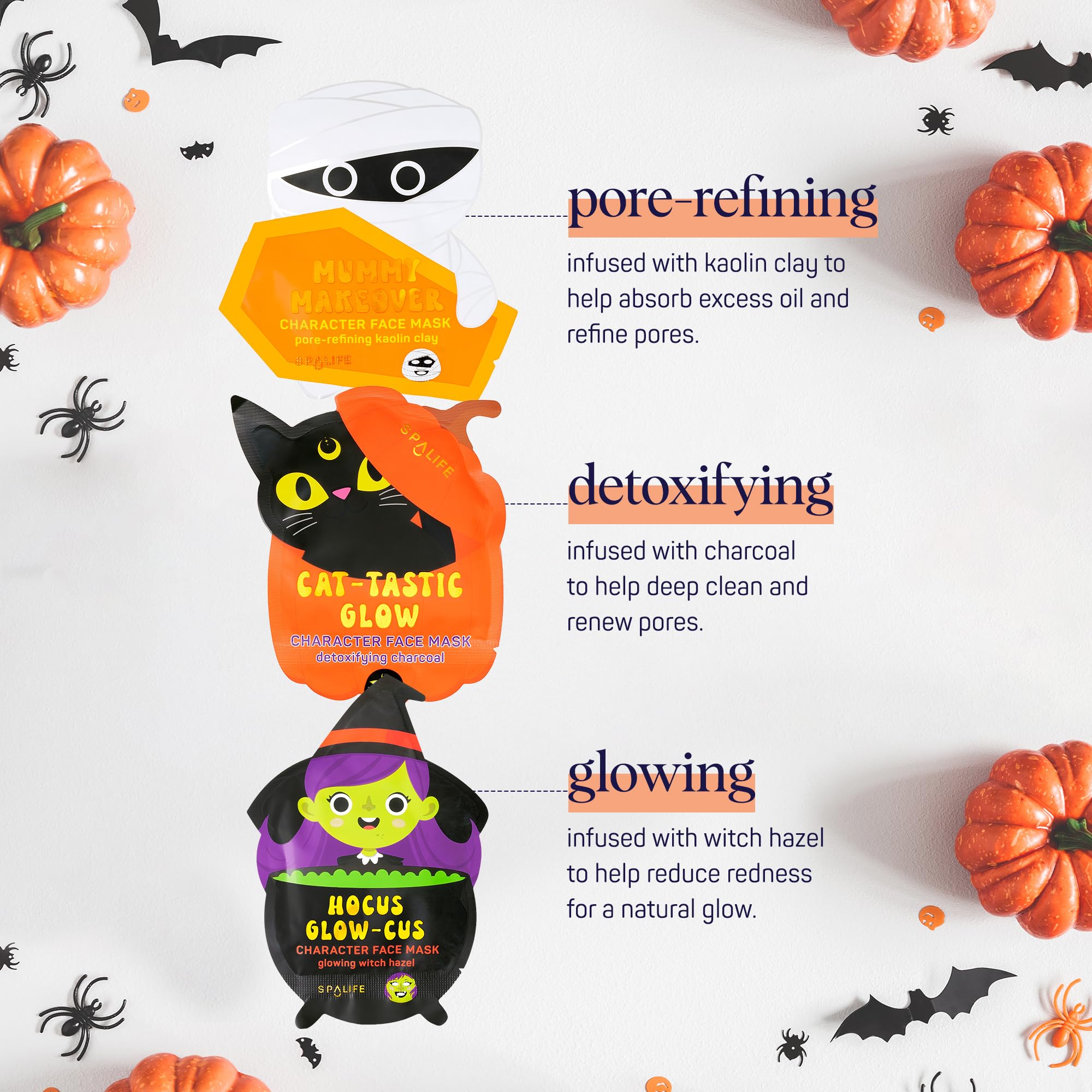 SpaLife Beauty Halloween Face Mask Spooky Glow Bundle | Korean Facial Masks | Pore-Refining, Detoxifying, and Brightening Face Mask Set | Halloween Gifts for Women | Facial Sheet Masks | 12 Pack