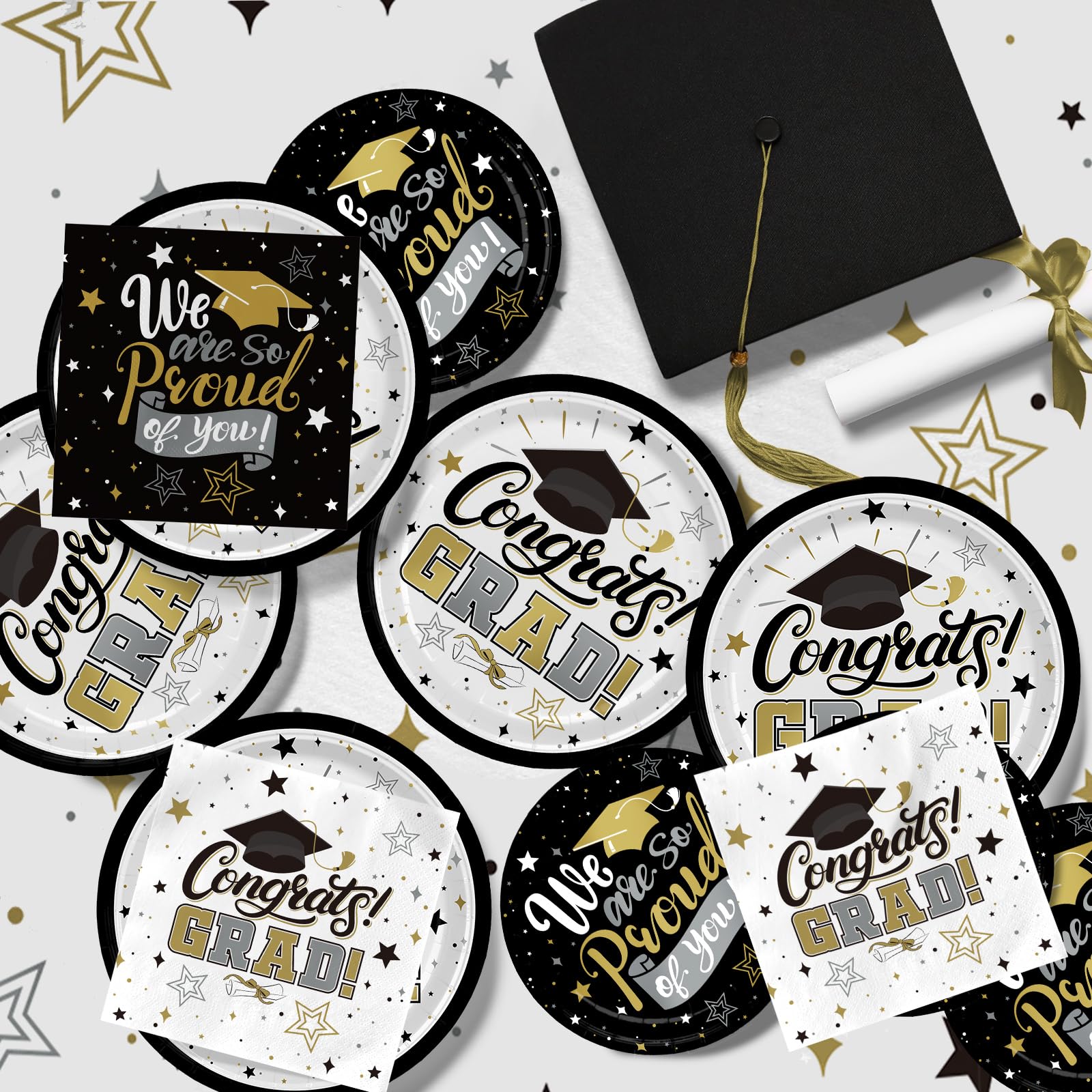 Graduation Decorations 2026 Black and Gold Grad Party Supplies with Disposable Dinner Plates, Dessert Plates and Napkins for 48 Guests - Graduation Party Decorations