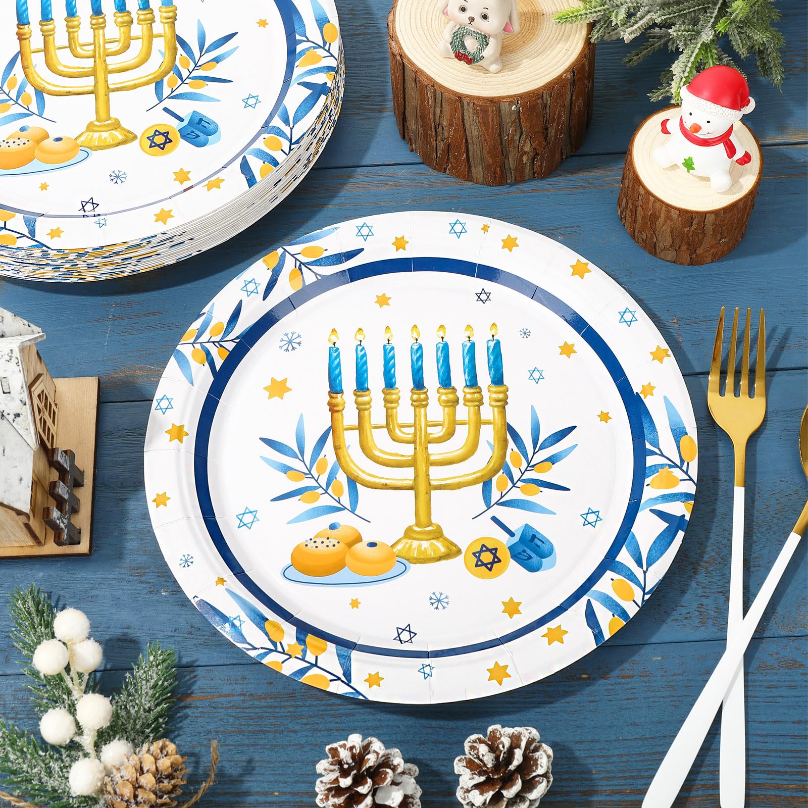 Whaline 24Pcs Hanukkah Paper Plates Menorah Chanukah Disposable Plates Watercolor Blue White Dinner Plates for Winter Holiday Party Supplies Table Decor, 9 Inch
