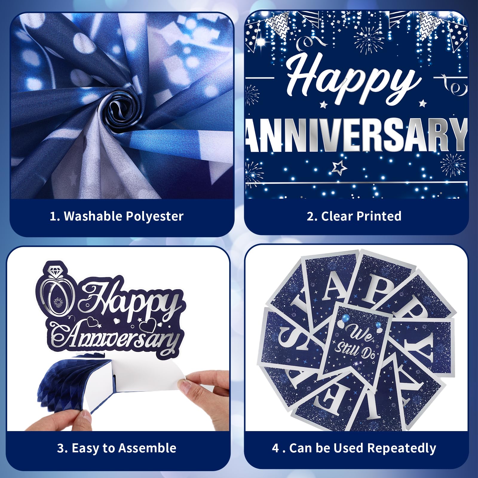 Happy Anniversary Decorations Kit Blue Silver Happy Anniversary Banner Honeycomb Centerpieces Hanging Swirls Tissue Paper Pompoms Set for Men Women Couple Wedding Anniversary Party Supplies Decor