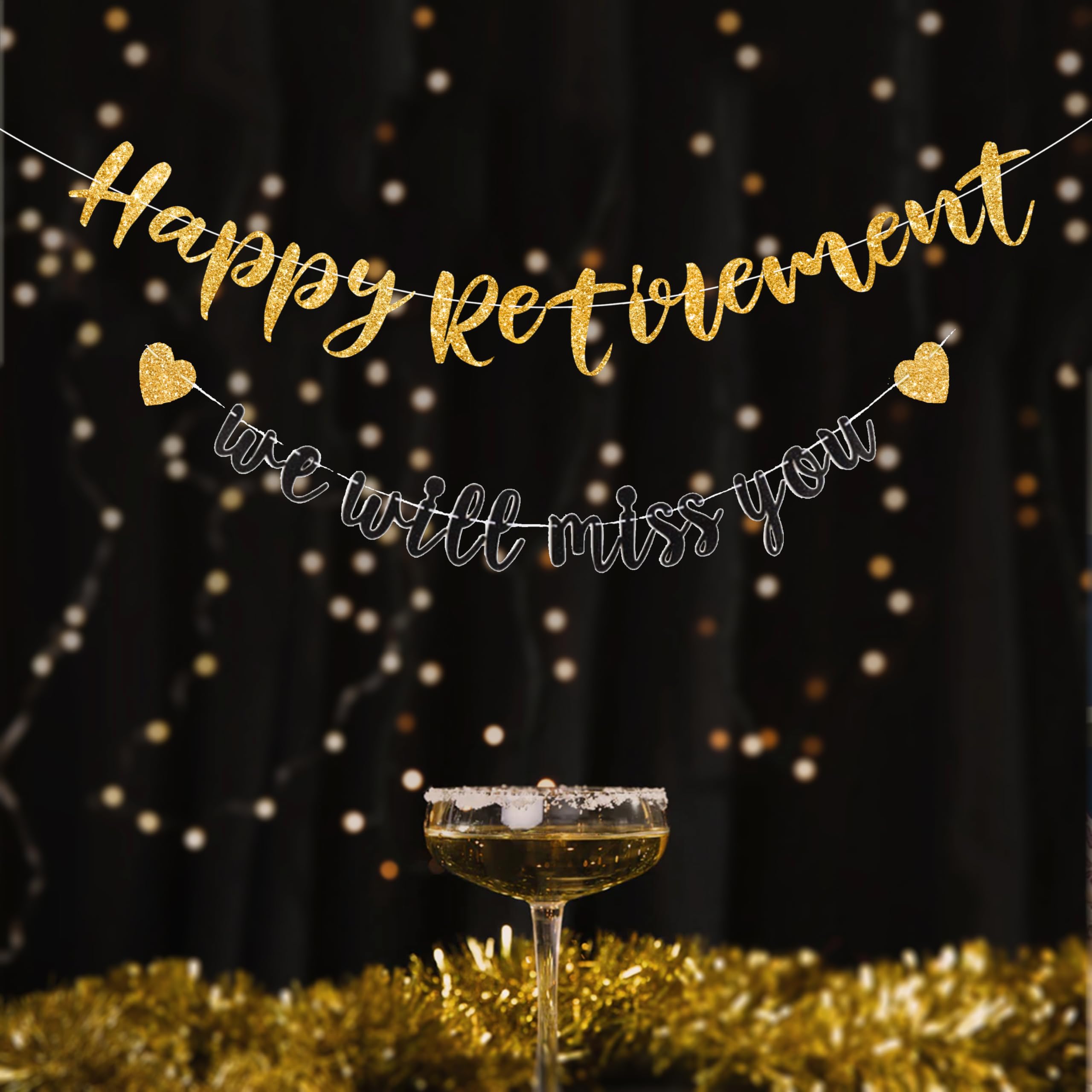 Pre-strung Happy Retirement & We will miss you Banner, Pre-strung on 8 ft Strand Black Gold Glitter Retirement Party Decorations Sign, Going Away Party Farewell Party Supplies and Gifts for Coworker, Men Women