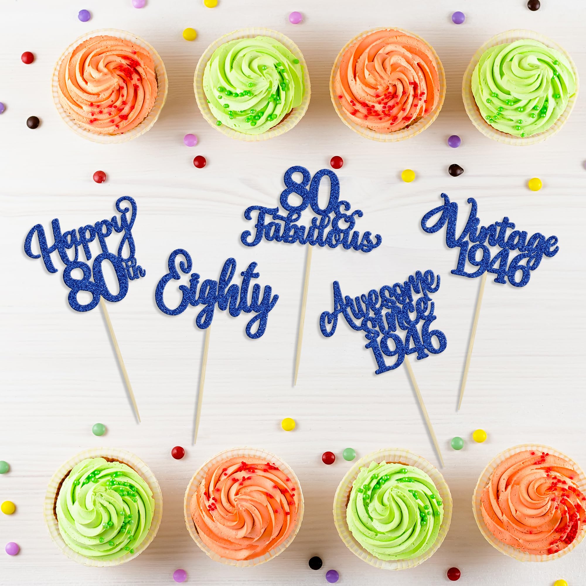 Ephlyn 30Pcs Happy 80th Birthday Cupcake Toppers Glitter Eighty 80 Fabulous Vintage 1946 Cupcake Picks for 80th Birthday Anniversary Retirement Party Cake Decorations Supplies Dark Blue