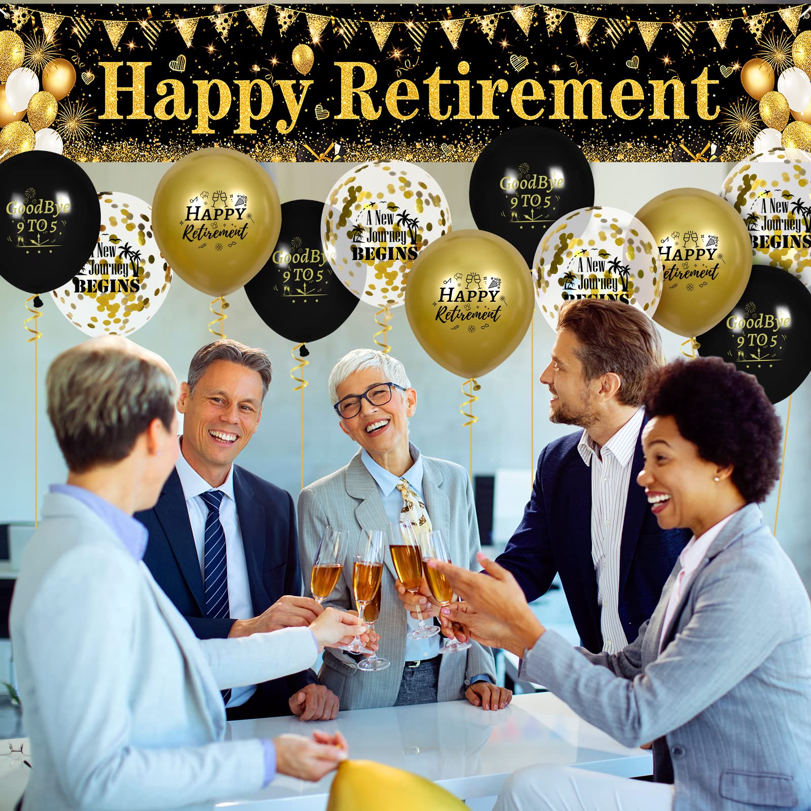 Retirement Party Decorations Black Gold Happy Retirement Banner and 18pcs Balloons for Men and Women Large Black Gold Retire Yard Sign for Party Supplies