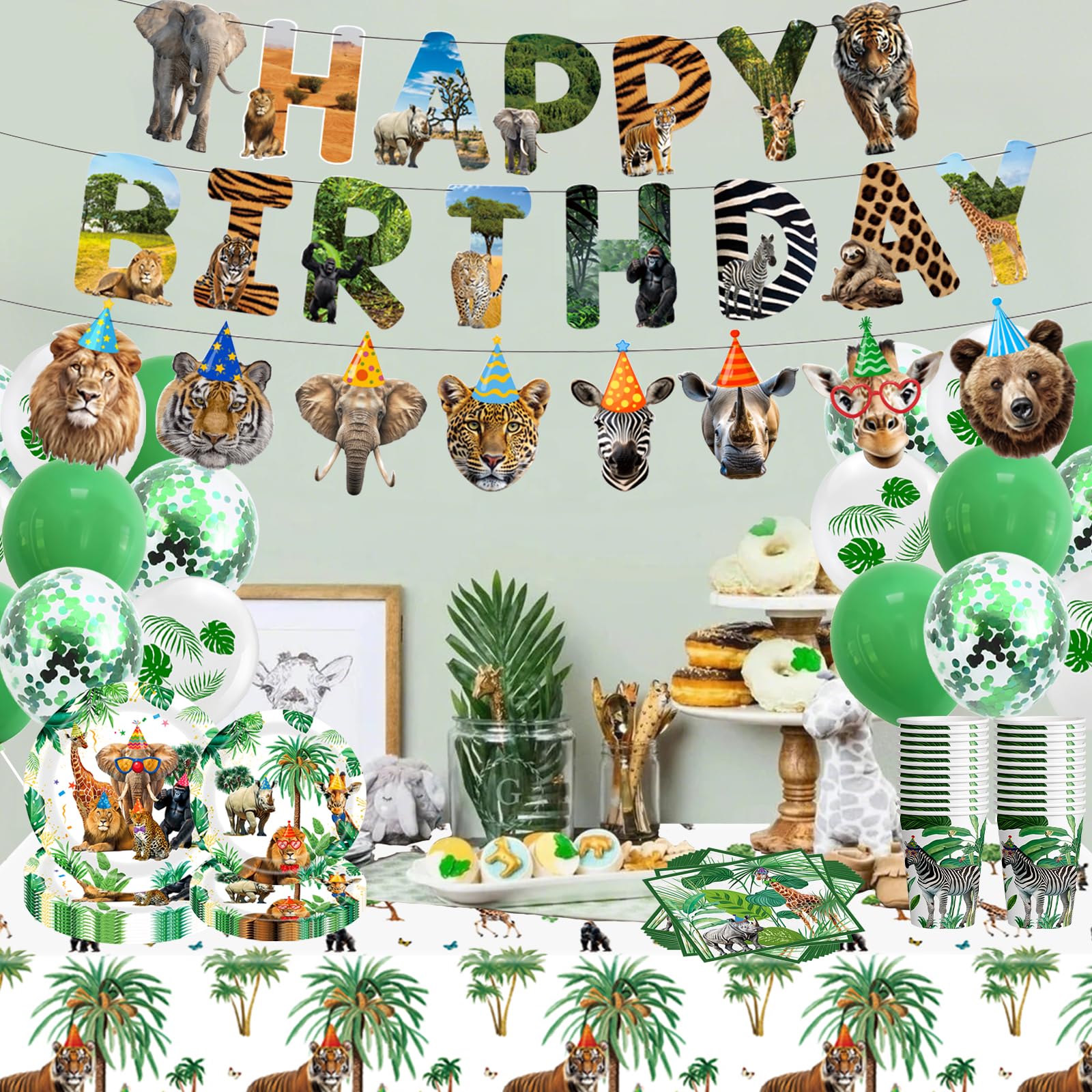 Safari Birthday Party Supplies Jungle Disposable Paper Plates Napkins Cups Tablecloth and Banner for Safari Animals Themed Party Decorations, Wild Animals Safari Zoo Birthday Party Supplies