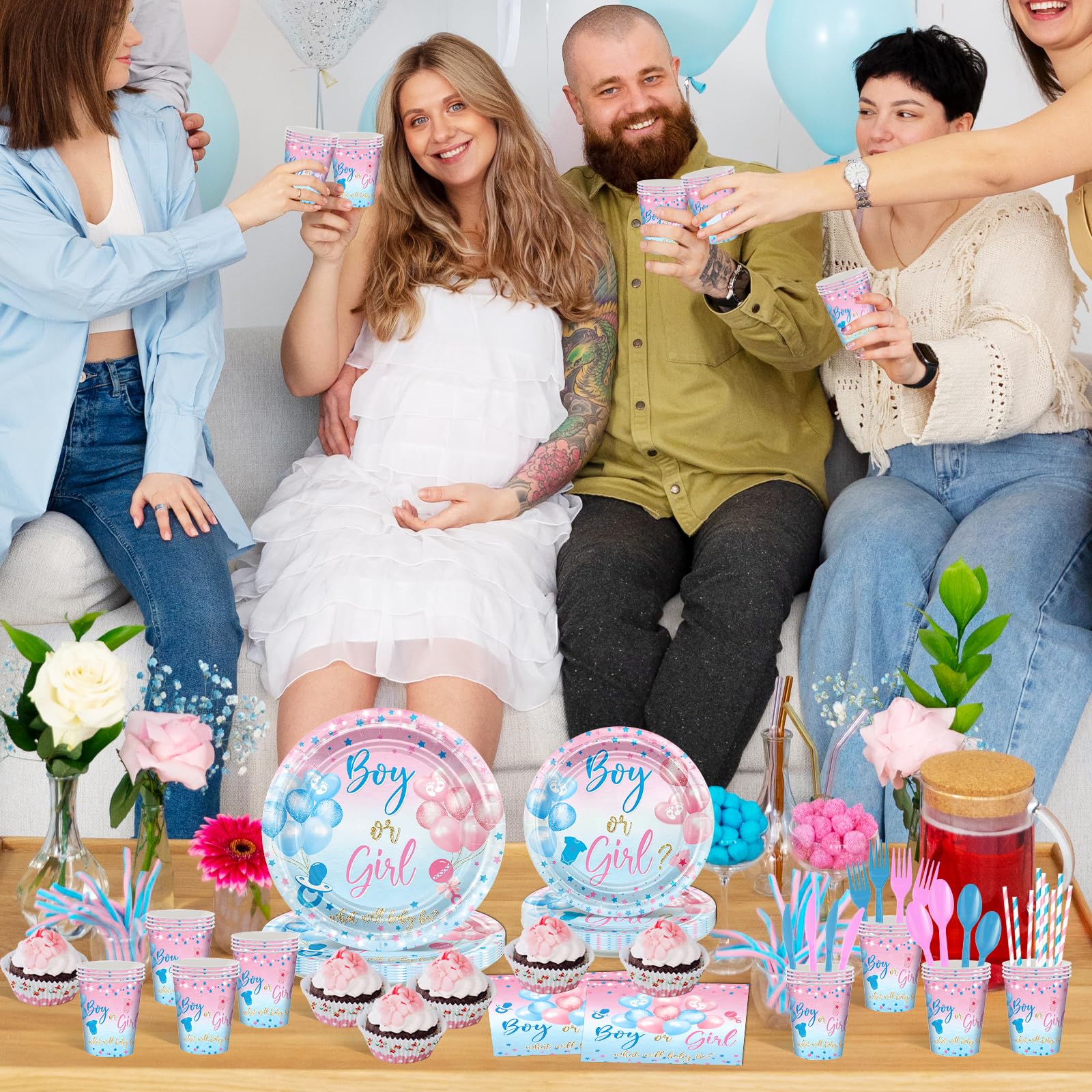 Avezano 192 Pcs Gender Reveal Party Decorations Boy or Girl Plates Napkins Cups Blue and Pink Gender Reveal Party Tableware Set Serve 24