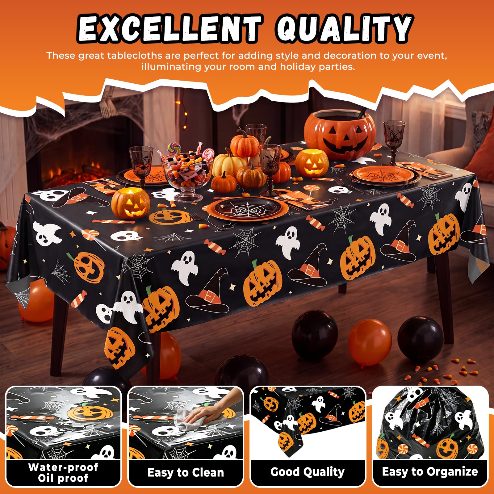 JHDZDHY 6 Pack Halloween Tablecloth, 54" x 108" Rectangular Plastic Halloween Pumpkin Ghost Table Cloth Large Size Halloween Table Covers for Home Decor Party Decorations