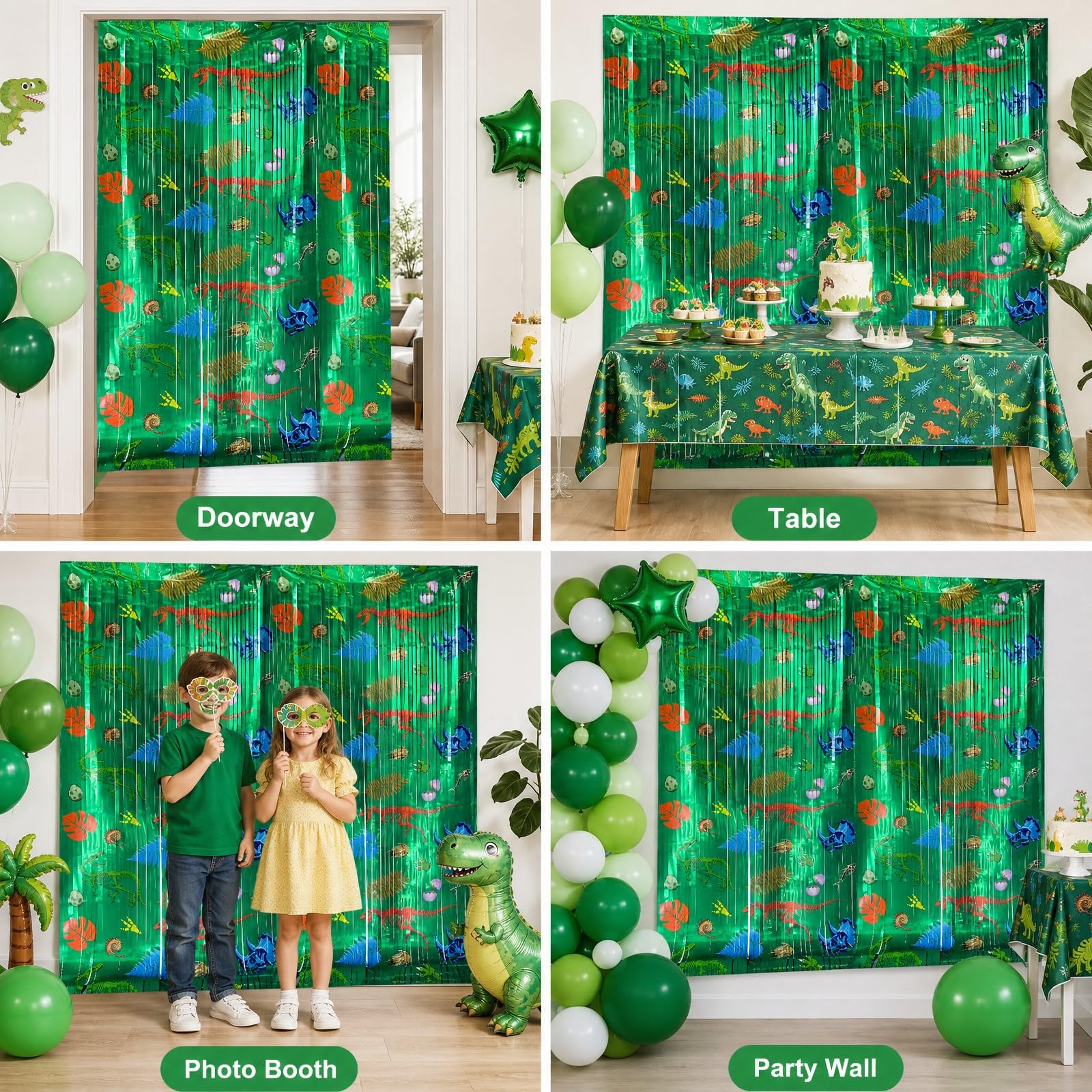 2Pack Dinosaur Foil Fringe Curtain, Dino Birthday Party Backdrop Decoration