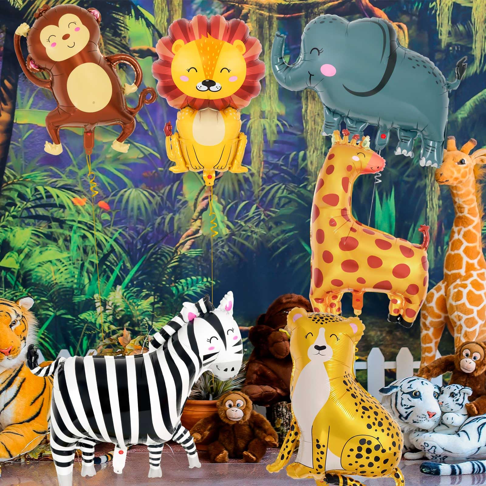 6 Pcs Safari Balloons,Jungle Safari Animals Foil Balloons,Giant Zoo Animal Balloon Zebra Elephant Monkey Lion Giraffe Leopard Shaped Animal Balloon for Zoo Wildlife Theme Birthday Party Decorations