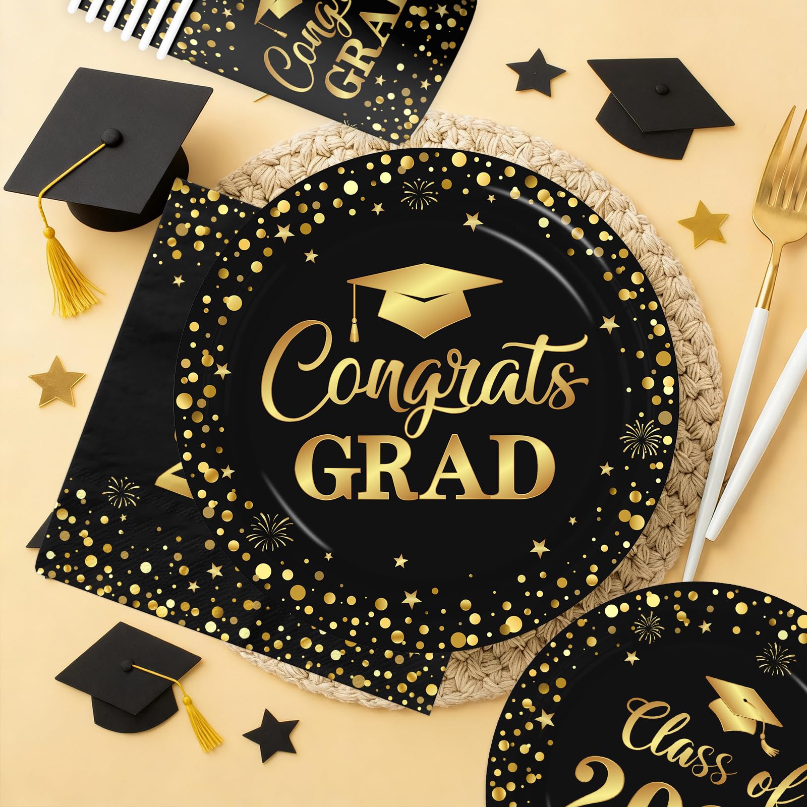 Graduation Plates and Napkins 2026, Black and Gold Graduation Decorations, Disposable Congrats Grad Paper Plates Napkins Cups for Class of 2026 Party Supplies, Serve 25