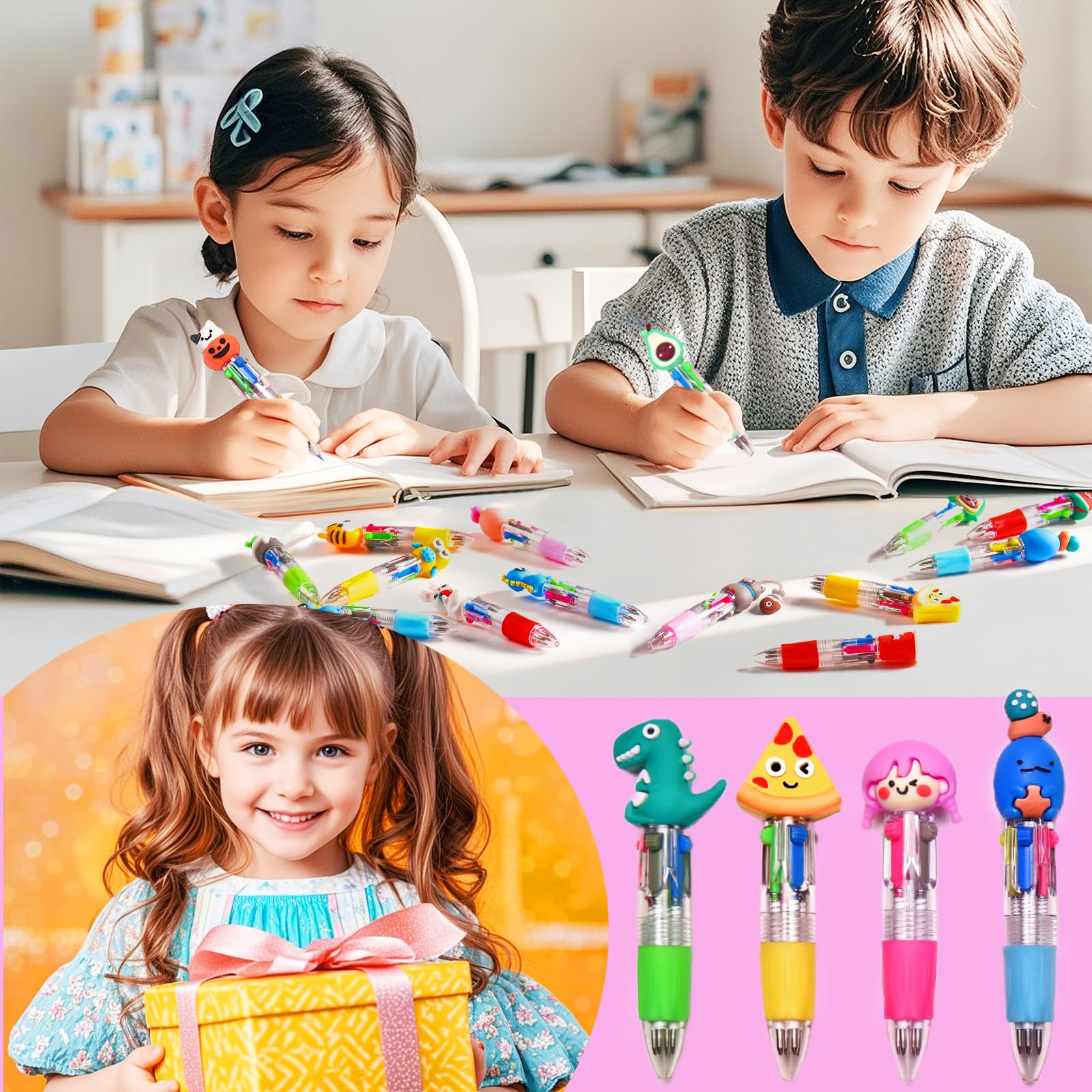 BIMORITA 24Pcs Mini Multicolor Pens in One 4-in-1, Cute Pens Bulk for Party Favors and Birthdays, Delightful Ballpoint Pen Back To School Gifts Classroom Student Prizes