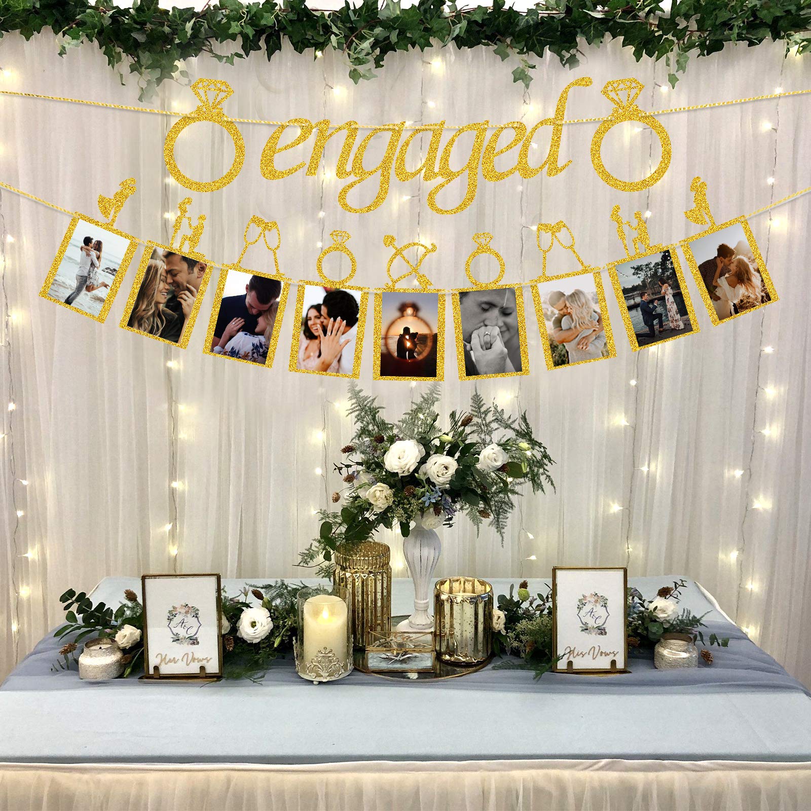 Engagement Wedding Decorations, Gold Engaged Banner and Photo Banner with Romantic Memories Picture Card Frames for Engaged/Wedding/Anniversary/Valentines Day Party