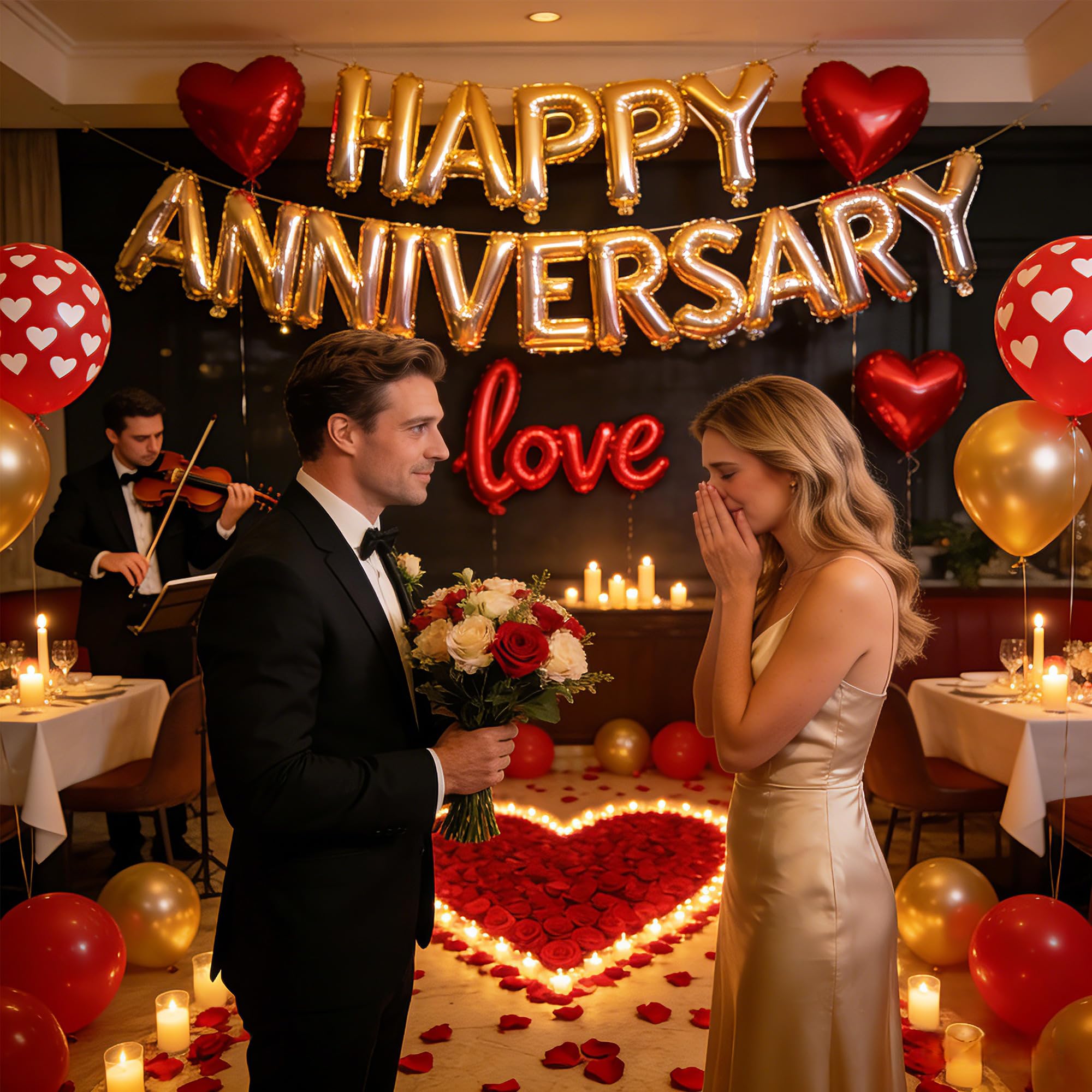 Happy Anniversary Balloons Kit Red Gold Balloon with Heart Shaped, Love Foil Balloons and 1000 Pieces Rose Petals for Anniversary Valentine's Day Proposals Decorations