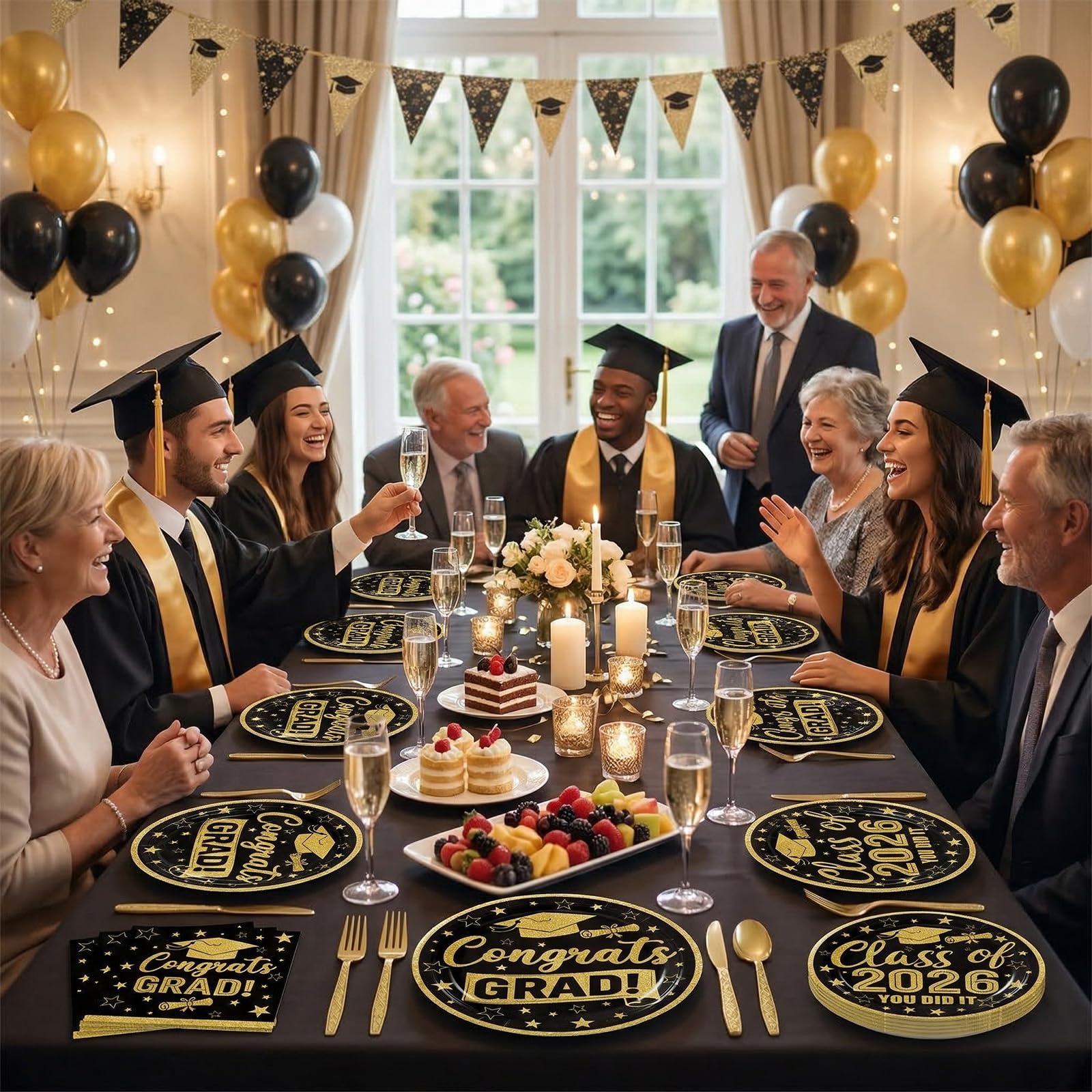 Merriva 100 Pcs Graduation Party Supplies Set, Serves 25 – Disposable Black and Gold Graduation Paper Plates, Napkins, and Forks, Congrats Grad Dinnerware for Class of 2026, Prom Party Decorations
