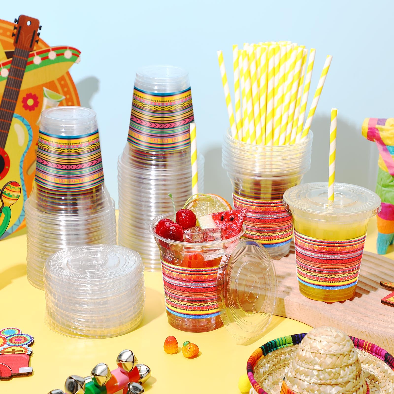 Jingmore 50 Pack 12 oz Fiesta Plastic Cups with Lids and Paper Straws Mexican Clear Disposable Cups Bulk Cinco De Mayo Party Decorations for Fiesta Taco Birthday Party Drinkware Supplies