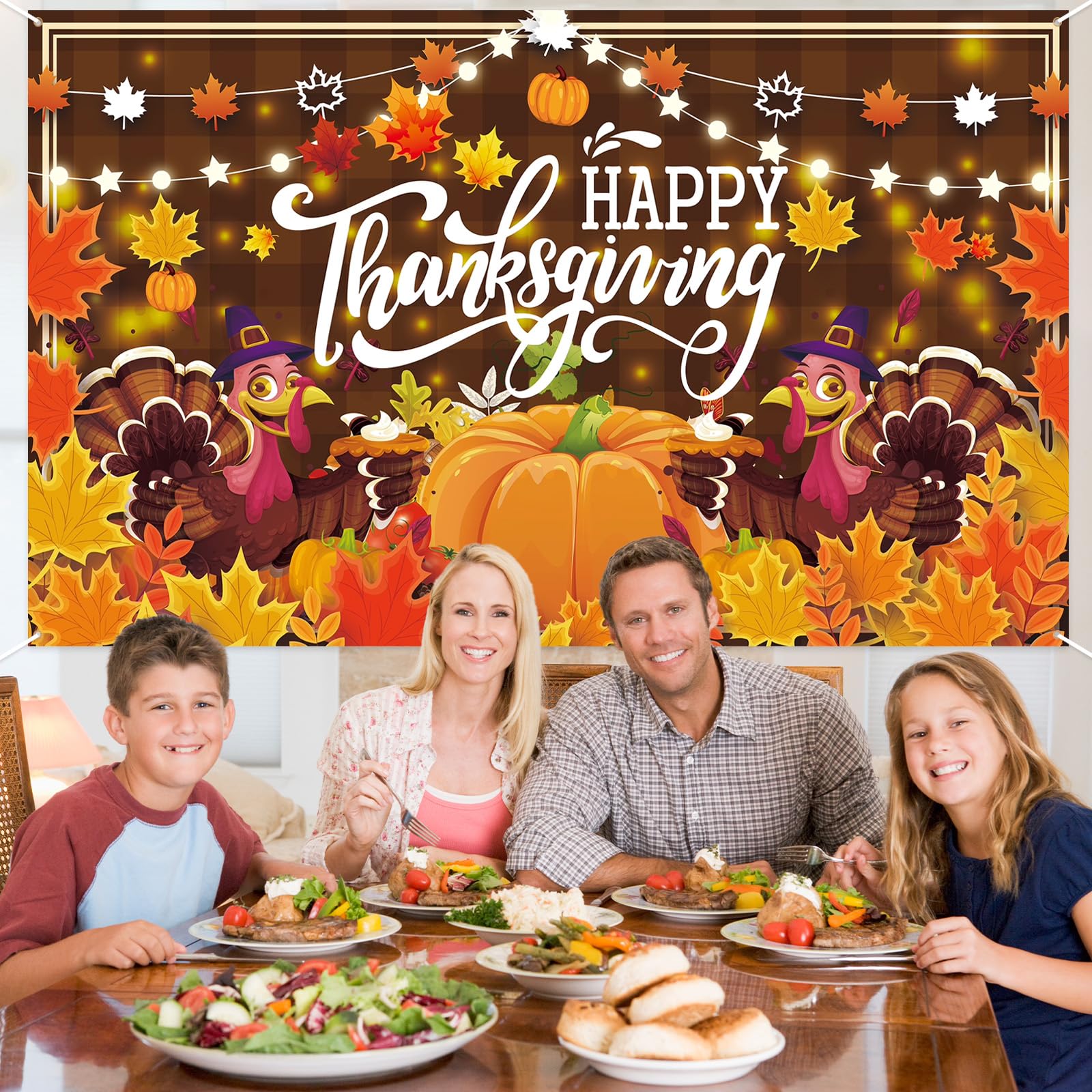 Large Thanksgiving Banner 72x44 Inch Turkey Pumpkin Happy Backdrop for Yard Indoor Wall Decor, Thanksgiving Decorations Outdoor Party Supplies with Maple Leaf Design for Home Photography Background