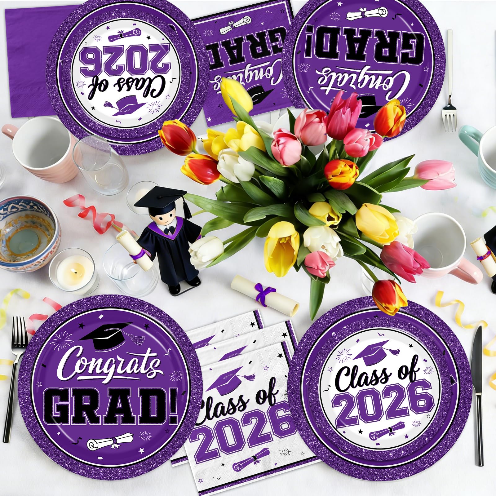 Meuqeaju Graduation Plates and Napkins 2026, 200pcs Purple Graduation Decorations Class of 2026 Grad Congrats Purple Grad Plates and Napkins Party Supplies for Graduation Party Favors,Serve 50