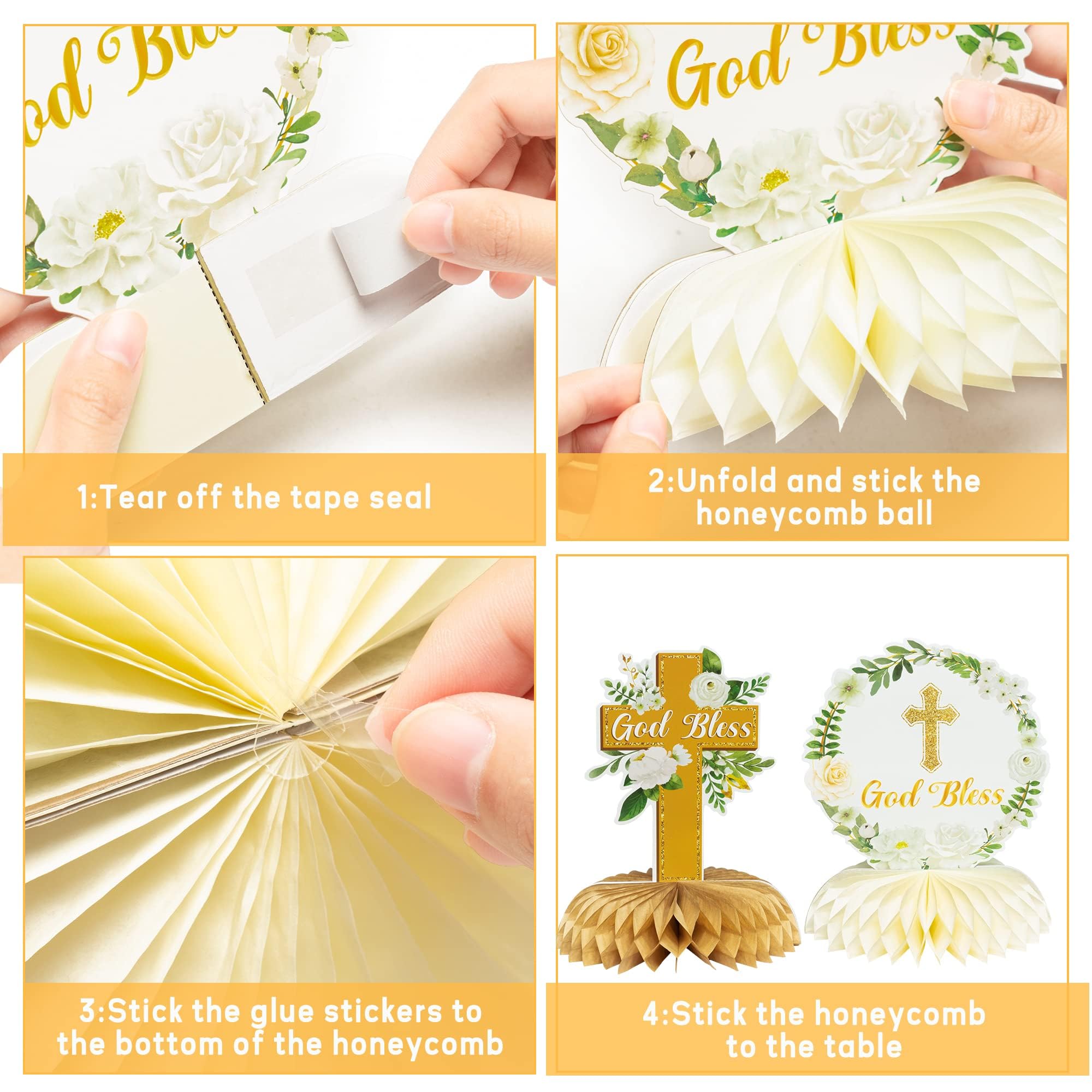 ANGOLIO White Gold Floral Honeycomb Centerpieces - 12Pcs Cross Rose Greenery God Bless Baptism Party Decoration Baby Shower First Communion Birthday Party Supplies for Boy Girl 3D Wedding Table Topper