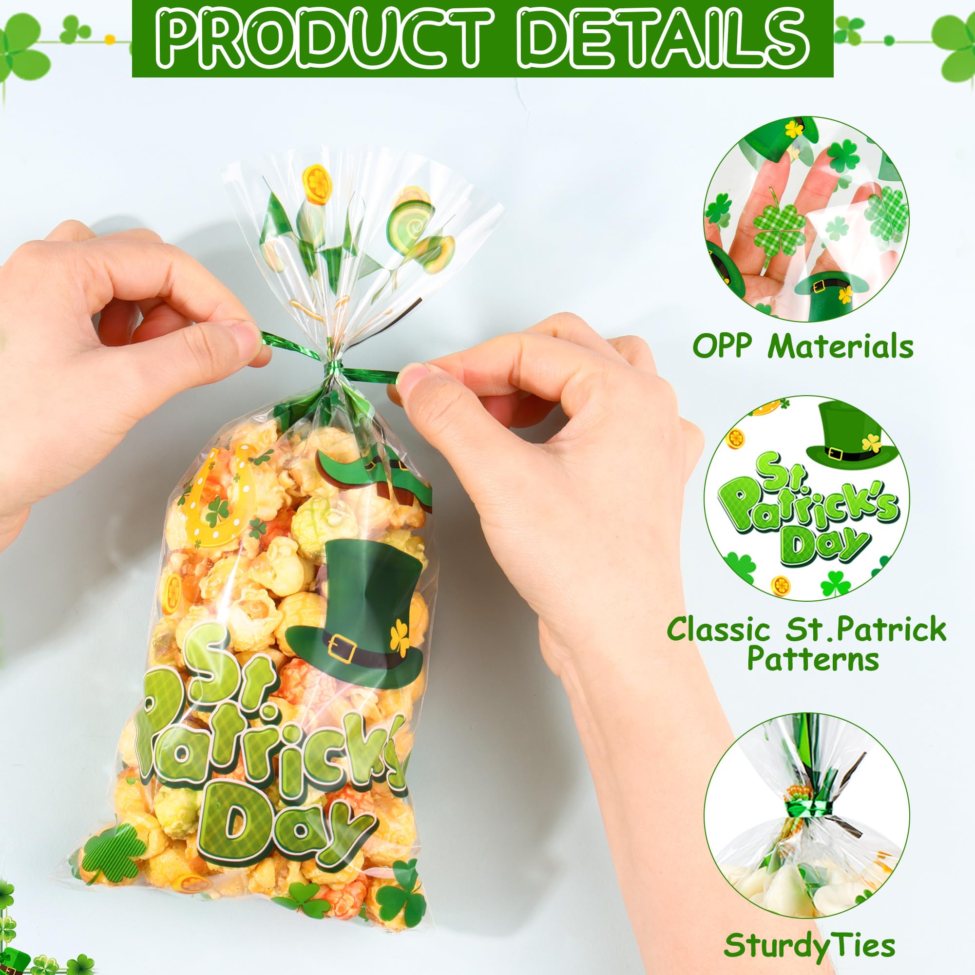 St. Patricks Cellophane Treat Bags – 50 Pack Green Shamrock Goodie Gift Bags with Twist Ties, 5×11 Inch Clear St. Patricks Candy Cookie Bags for St. Patrick Day Irish Party, Classroom, Holiday Favors