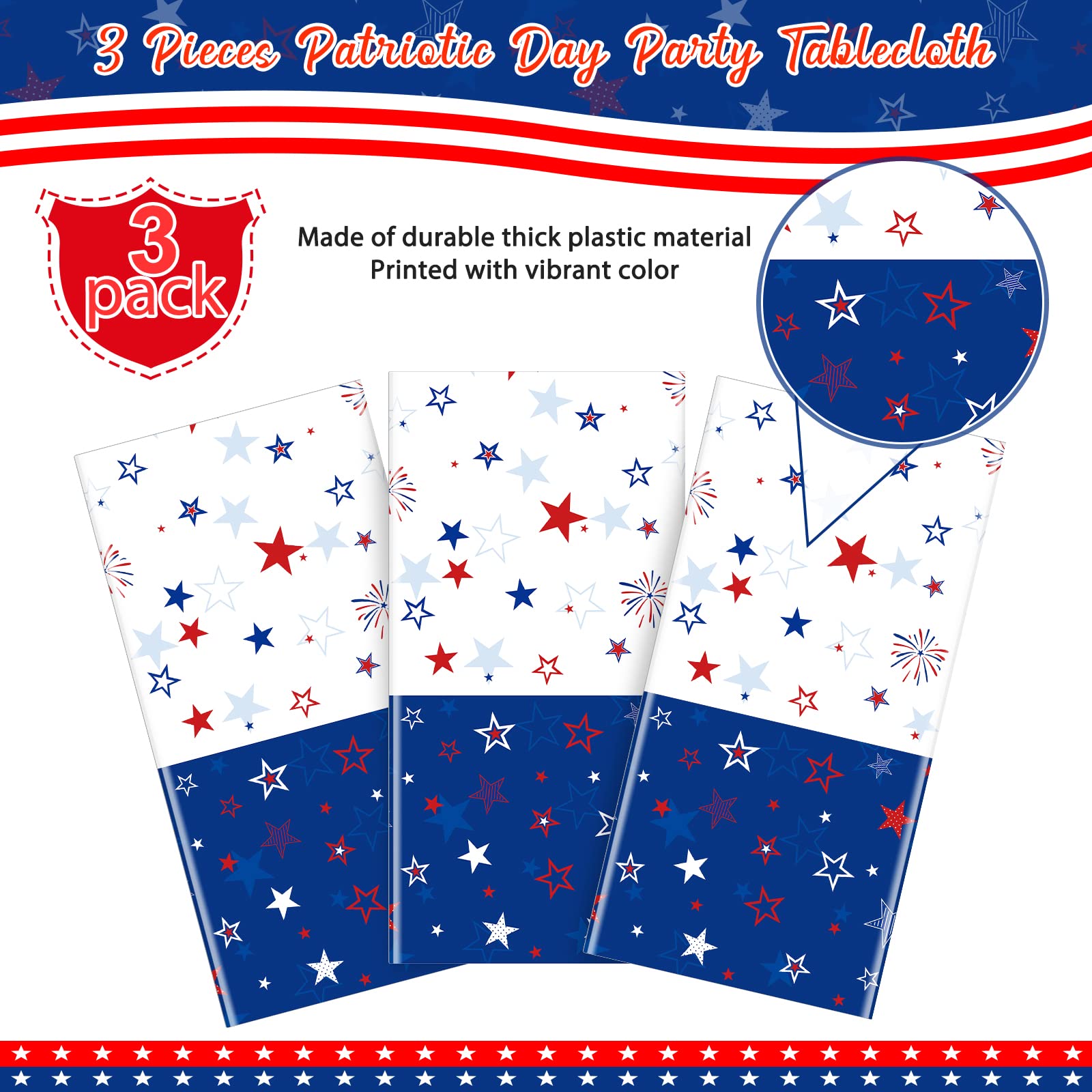 Jectivs 3 Pack Patriotic Tablecloth Decorations for 4th of July Independence Day, Plastic Memorial Day Table Cover Printed with Stars and Fireworks for Patriotic Themed Party Supplies, 54 x 108 Inch
