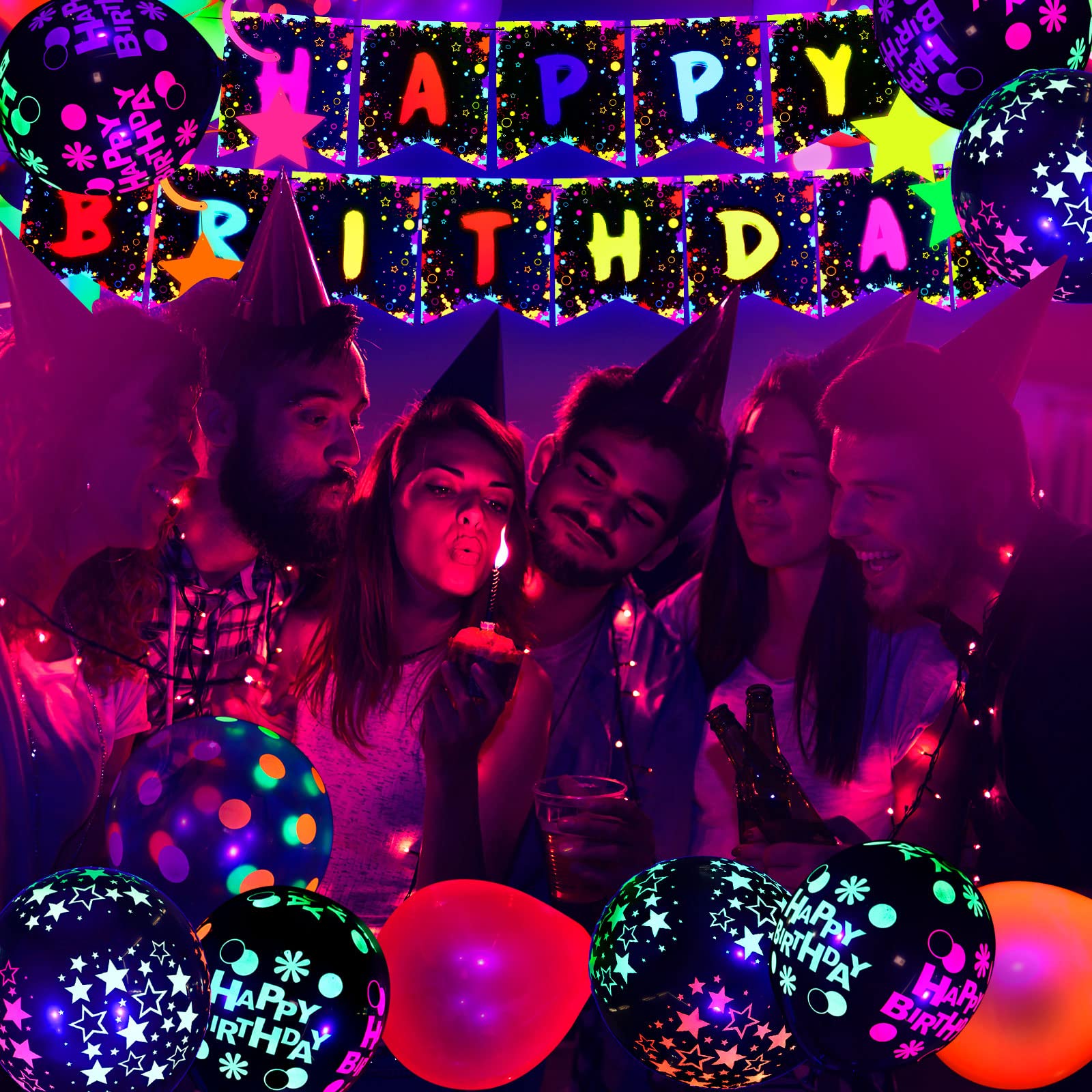 Jetec 71 Pcs Neon Birthday Party Decoration with Glow in The Dark Balloons