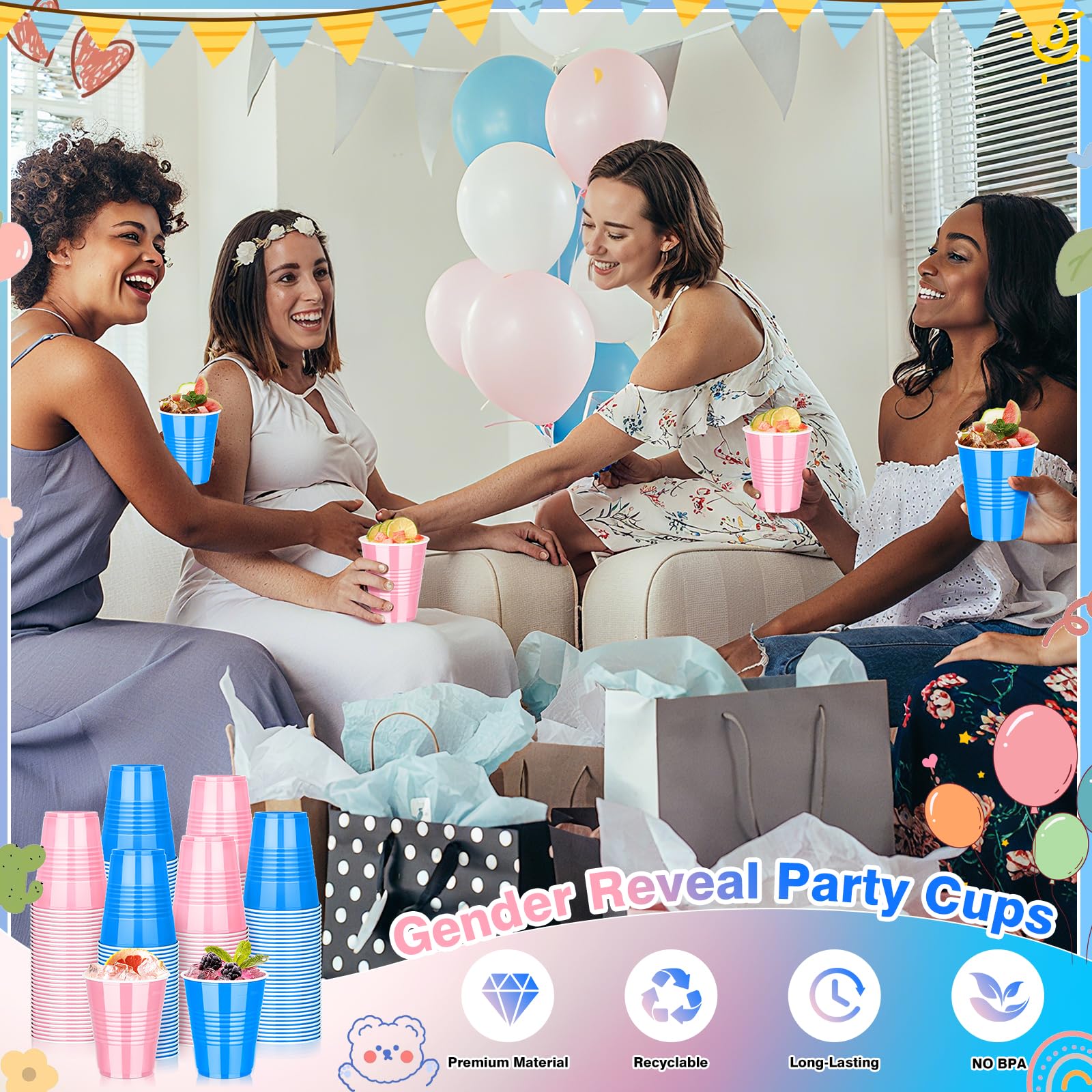 KesaPlan 100 PCS 12 OZ Plastic Party Cups, Pink and Blue Disposable Cup