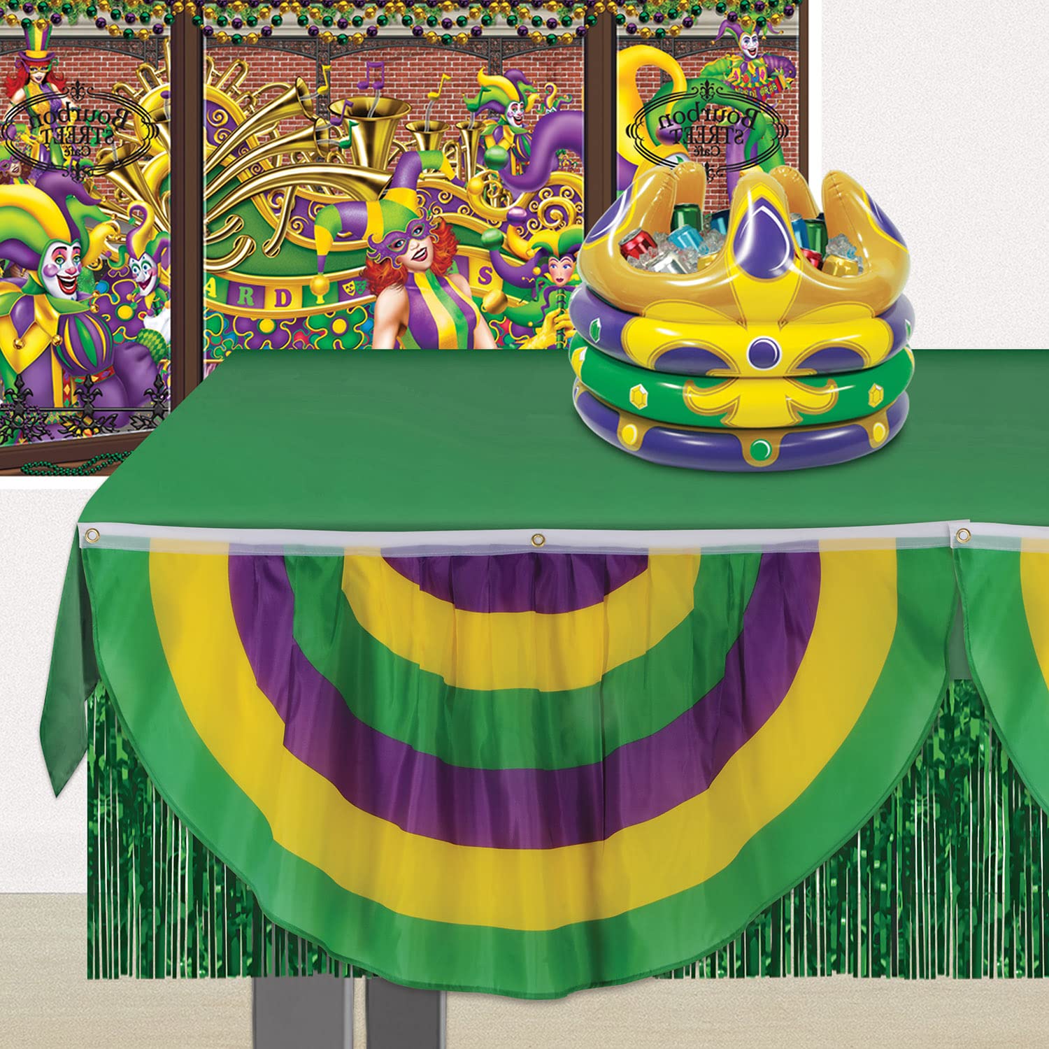 Beistle Mardi Gras Fabric Bunting, Decorative Polyester Swag Banner with Purple Green Yellow Stripes, 3 Grommets for Indoor Outdoor Use, Carnival Décor for Porch Parade or Party, 48" x 24"