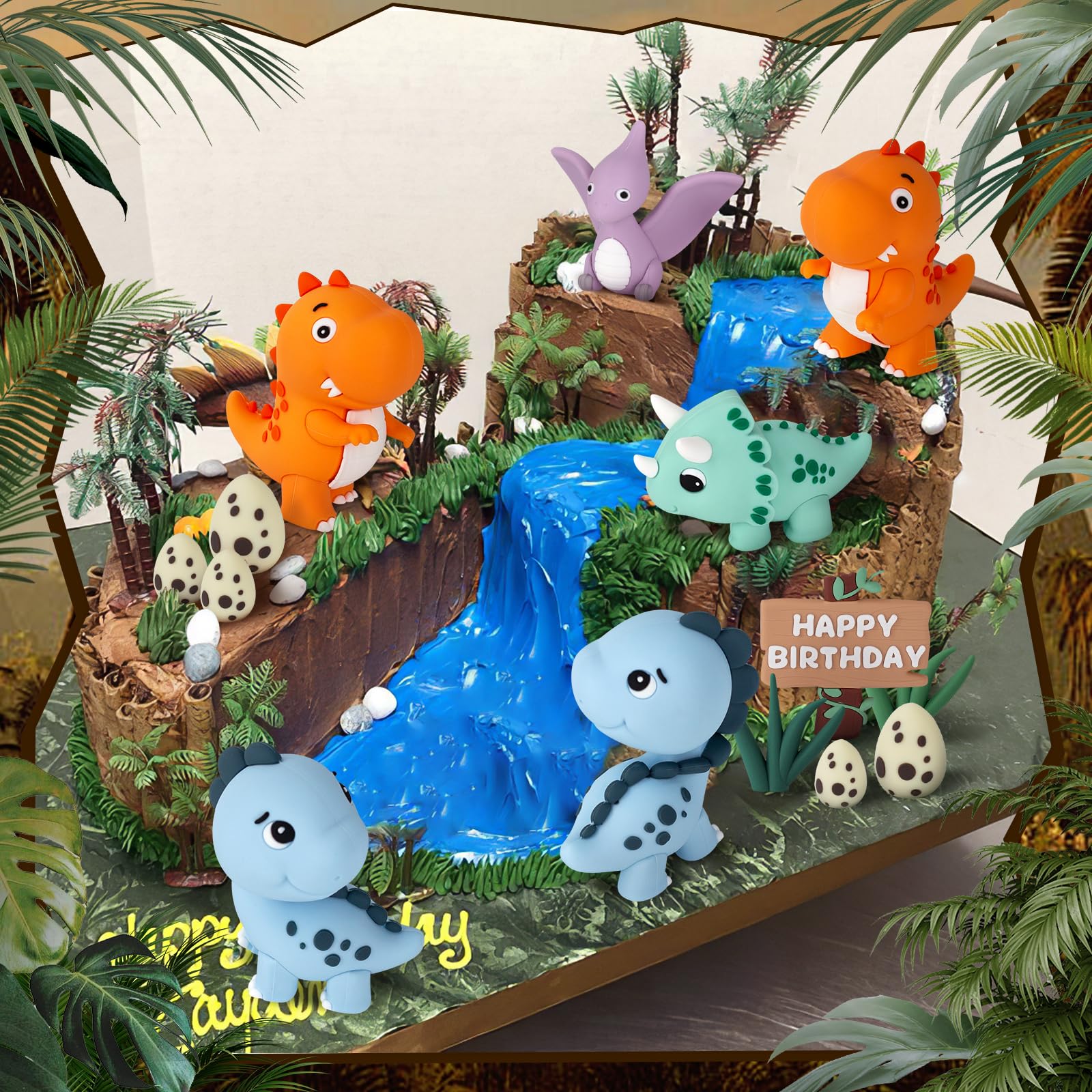 17PCS Dinosaur Cake Topper, Dinosaur Eggs Leaves Grasses Cake Decorations with Happy Birthday Sign Cake Toppers for Birthday Party Decorations, Safari Animal Themed Party