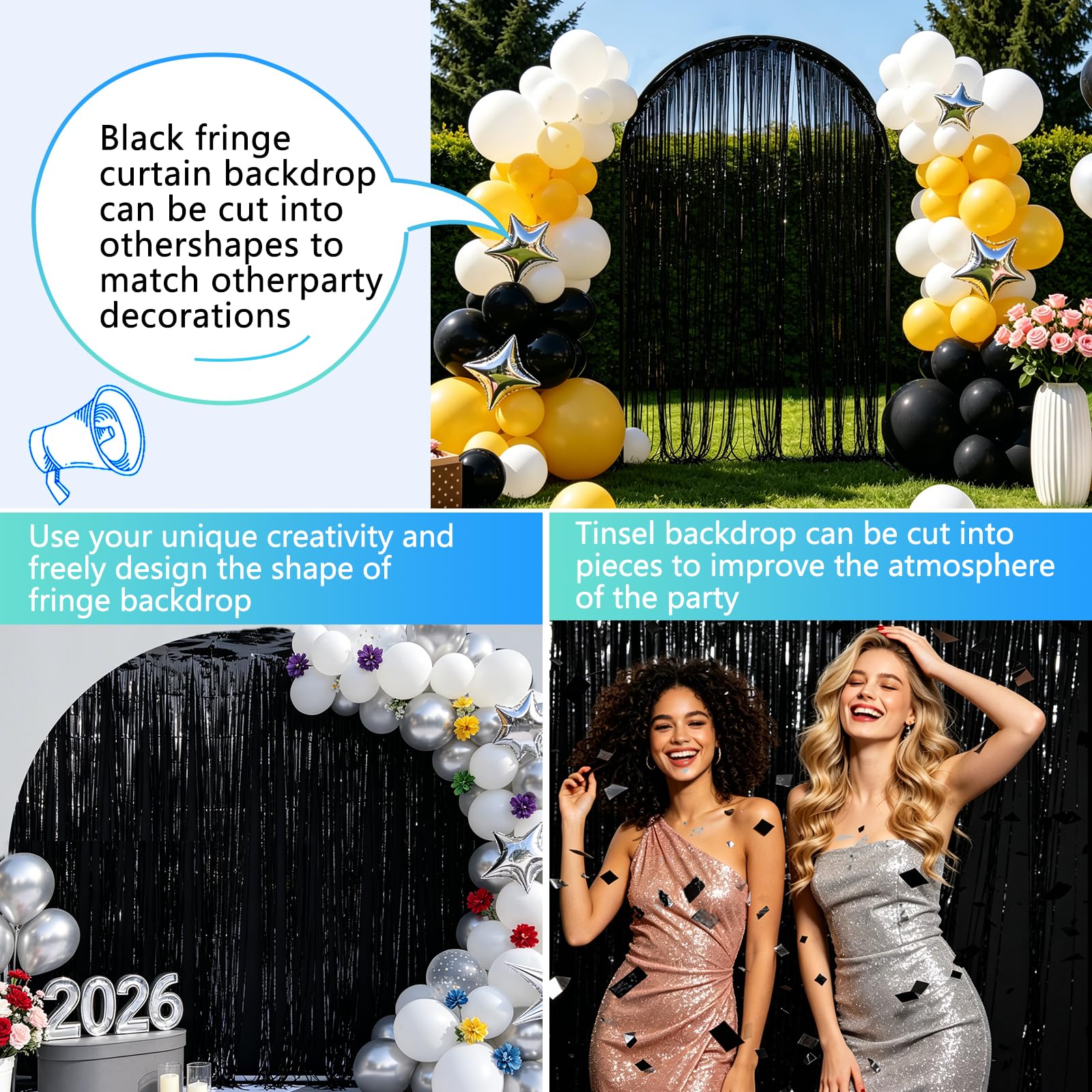 Black Foil Fringe Curtain Party Decorations Door Streamers 2Pack 3.3x8.3 Ft, Black Tinsel Foil Curtain Backdrop Photo Booth Props for Birthday Wedding Bridal Baby Shower Graduation
