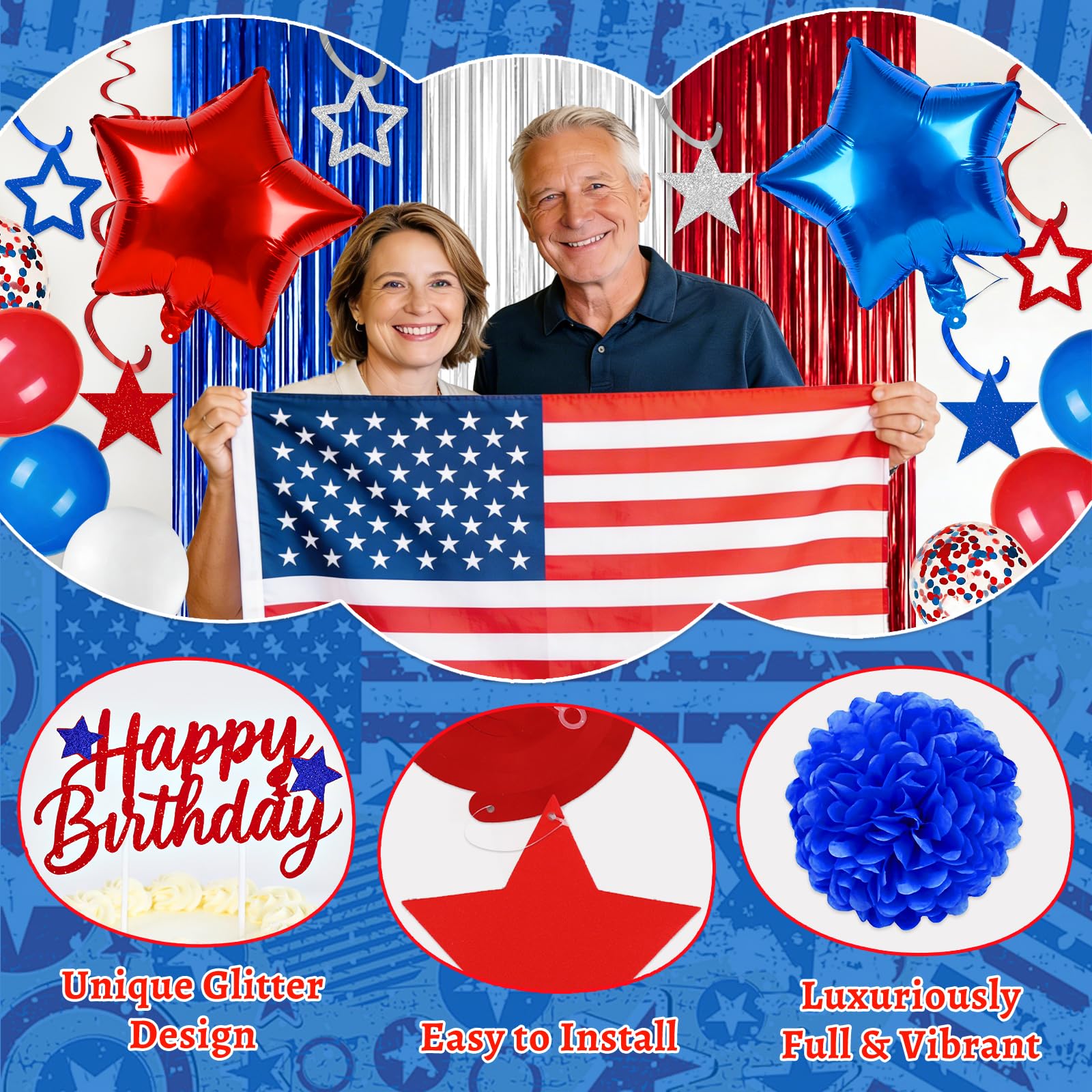 58PCS Red White and Blue Birthday Decorations, Red and Blue Birthday Decorations Include Banner Balloons Hanging Swirls Fringe Curtain, USA Patriotic HBD Decorations for 4th of July Independence Day