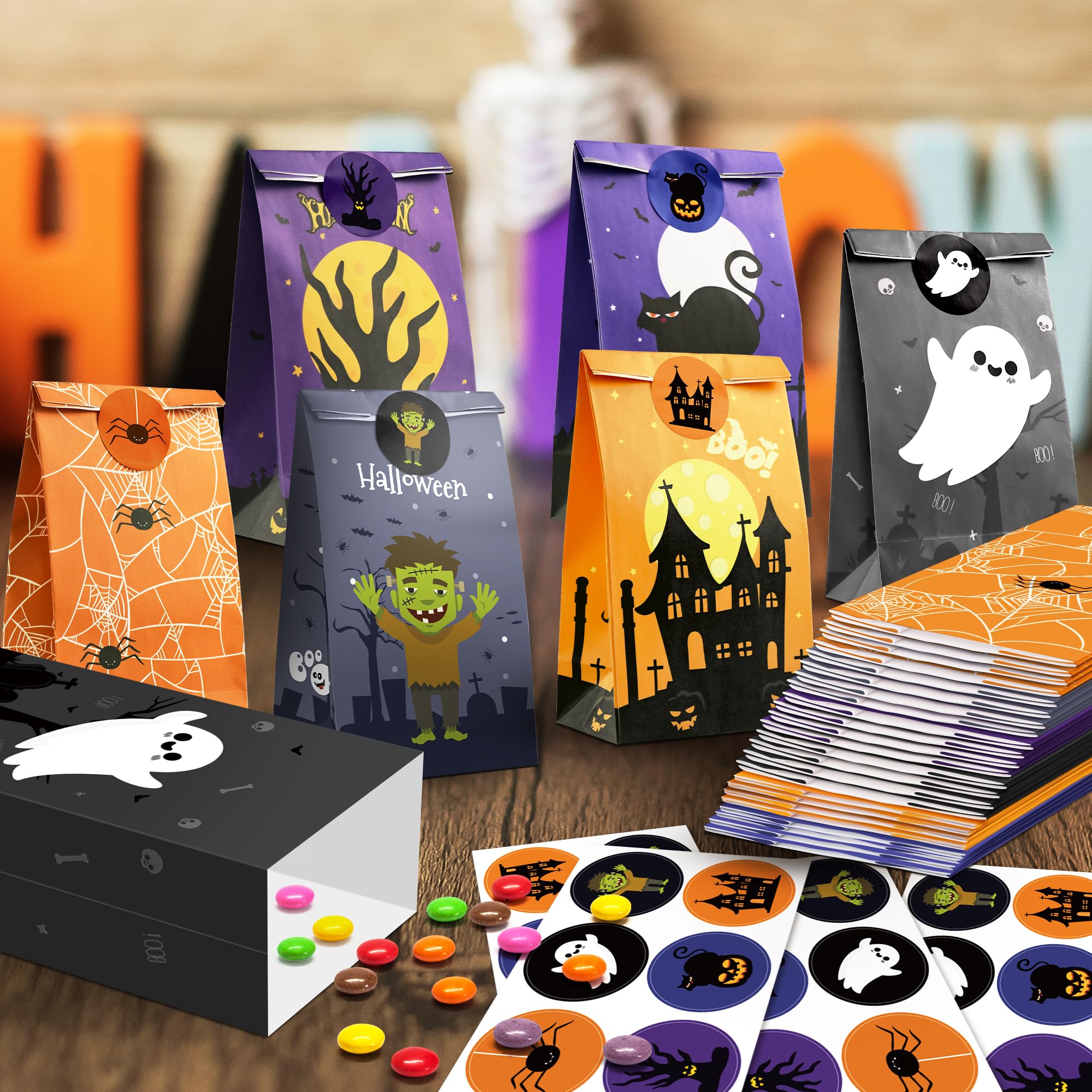 Halloween Treat Bags - 24 PCS Halloween Party Favors,Halloween Goodie Bags with Stickers for Kids | Candy Bags - Trick or Treat Bags,Mini Paper Gift Basket- HALLOWEEN Decorations Party Supplies