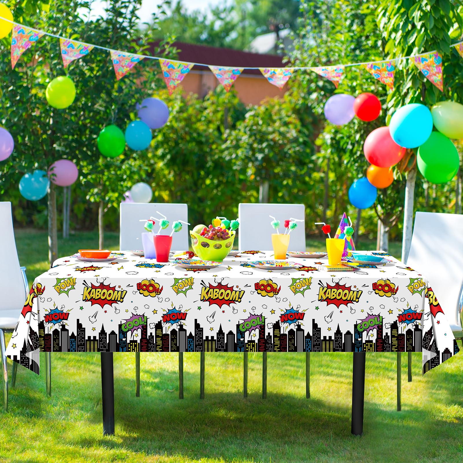 6Pcs Hero Themed Birthday Party Tablecloths Decorations,White Cityscape Super Bang Plastic Table Cover Disposable Rectangle Table Cloth for Baby Shower Kids Boys Birthday Party Supplies,54x108 Inch