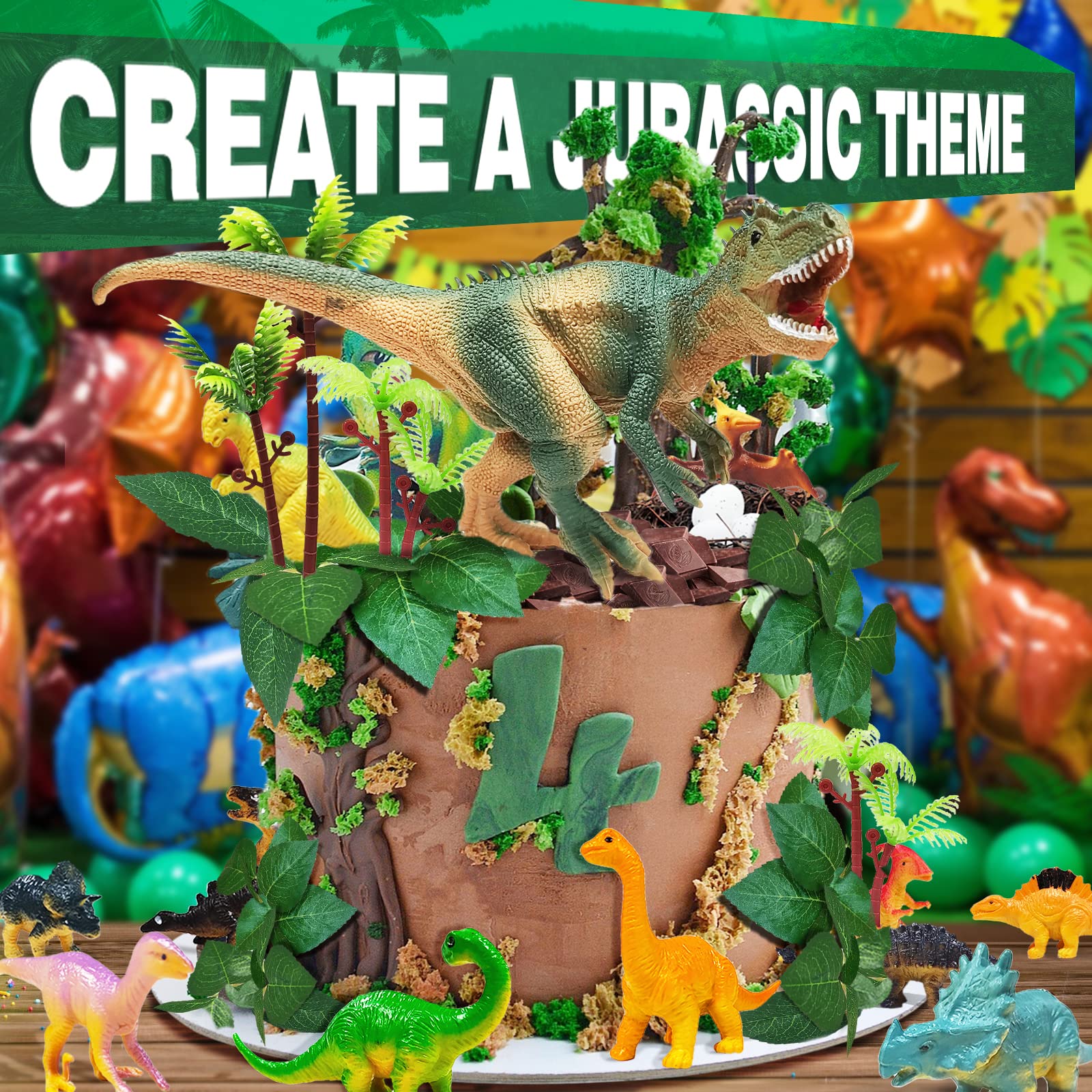 GLAHORSE 26 PCS Dinosaur Cake Toppers With Dinosaur Eggs Leaves Trees Cake Decorations For Birthday Party,dinosaur Themed party, Wild Animals Party,Kids Party Cake Decorations