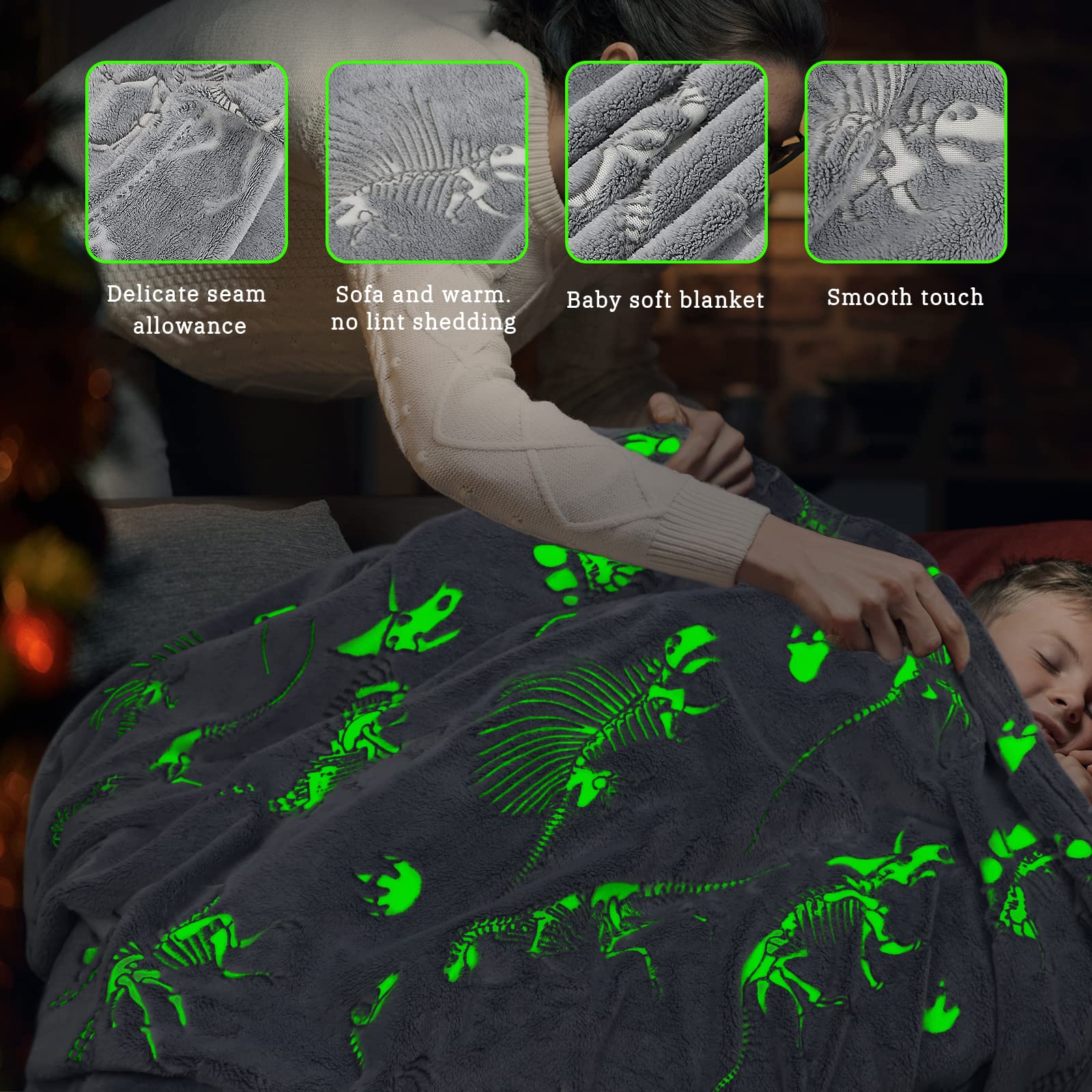 Glow in The Dark Blanket Dinosaur Throw Blanket for Boys Kids Soft Warm Cozy Cute Dino Blanket Unique Dinosaurs Toys Gifts Gray Glowing Dinosaur Room Decor Blankets for Girls Teens 50"x60"