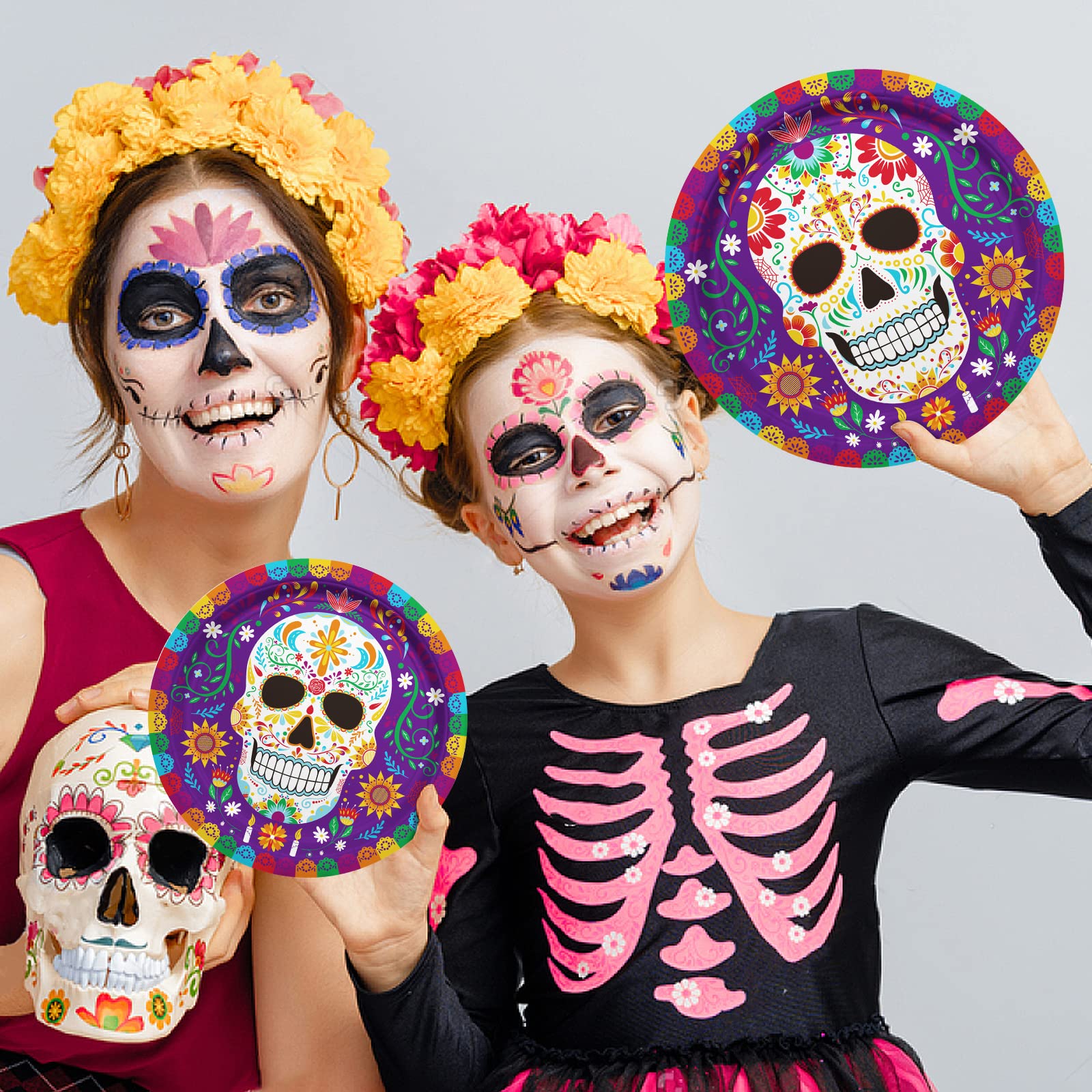 Day of the Dead Party Supplies Kit Serve 25, Includes Disposable Sugar Skull Dinner Plates, Dessert Plates, Napkins, Cups and Tablecloth, Día de los Muertos Party Decorations