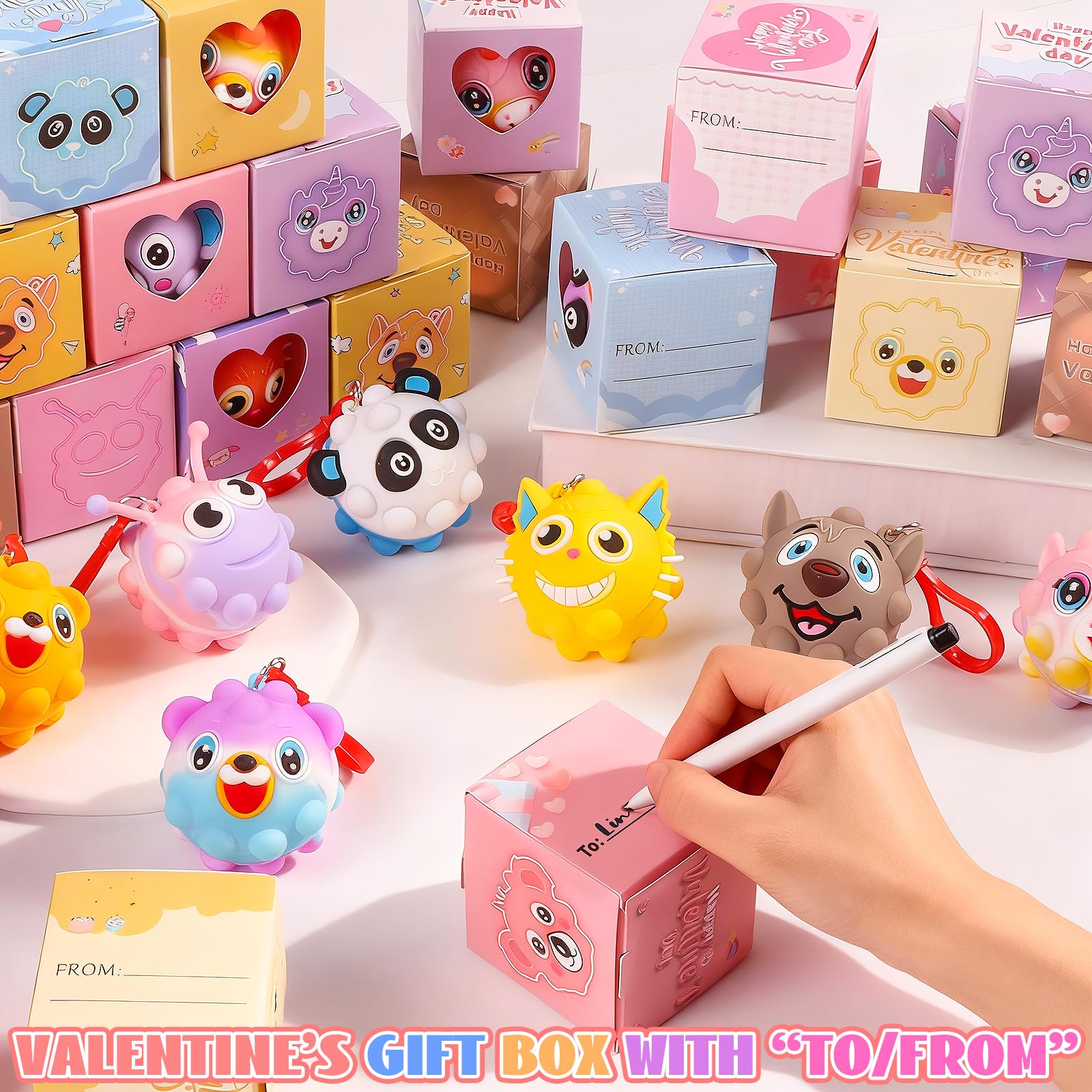 Valentines Day Gifts for Kids, 24 Pack Prefilled Valentines Box with 3D Animal Pop Balls, Valentines Party Favors School Classroom, Valentines for Class, Valentines Exchange Gifts for Boys Girls