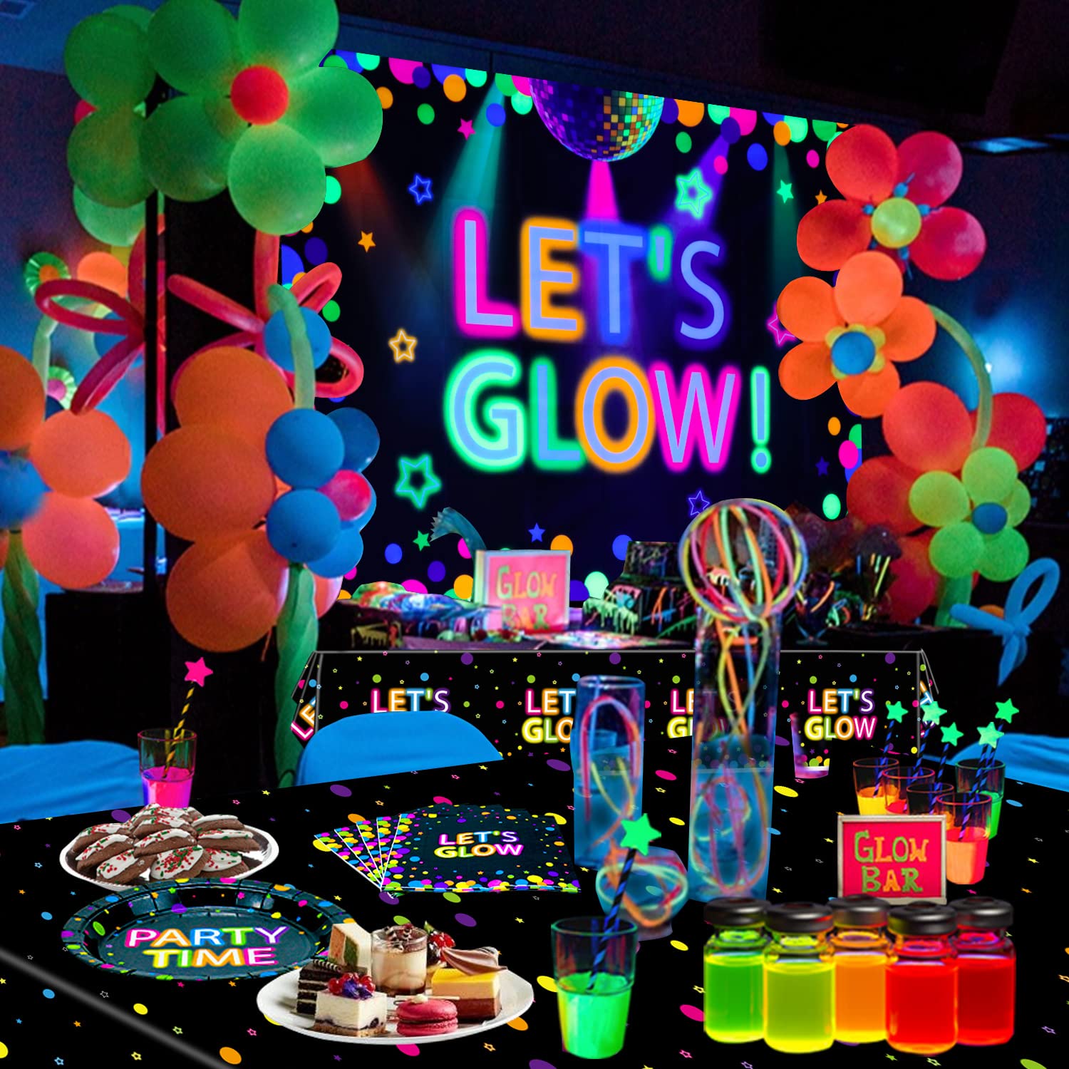 6x4ft Neon Let's Glow Party Backdrop Colorful Photography Background Glow in The Dark Party Supplies, Neon Decorations for Kids Birthday Supplies (71 x 47 Inch)