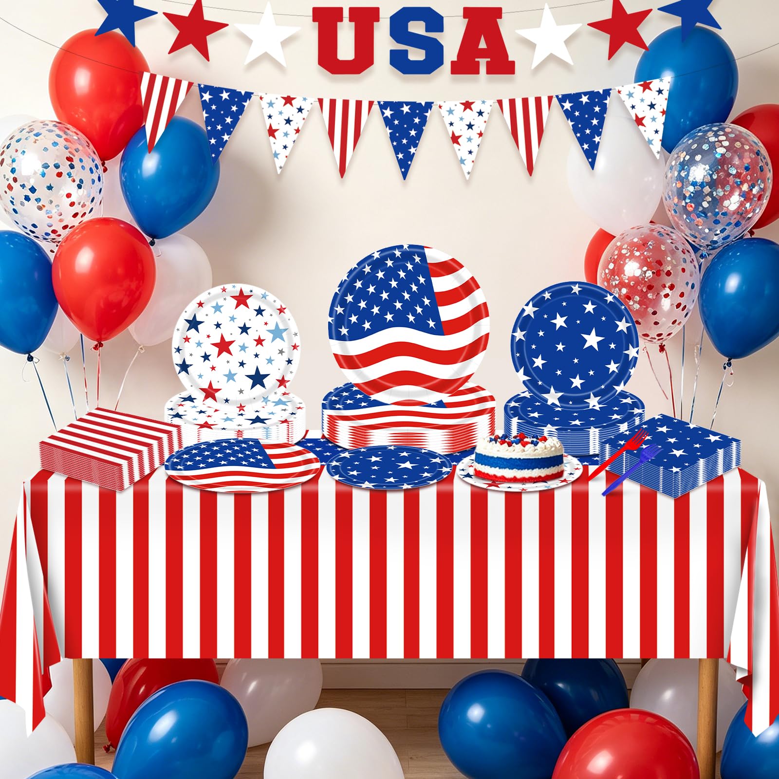 Labor Day Decorations, 119PCs Veterans Day Party Supplies-Serves 24 with 4th of July Plates and Napkins Tablecloth and USA Banner Forks Balloons for Veterans Day Decorations 4th of July Decorations