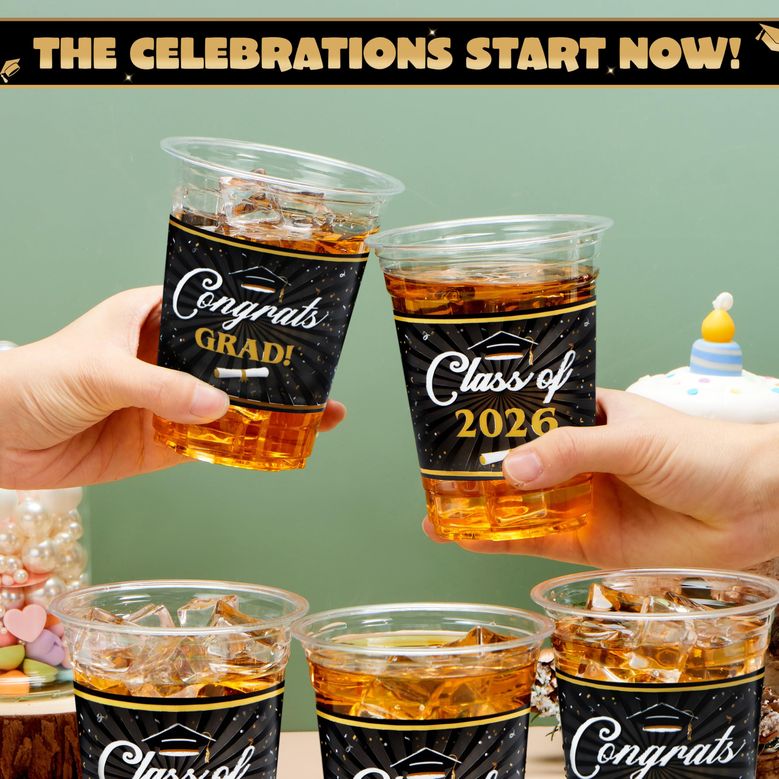 JOYIN 100 Pcs 16oz Graduation Cups Party Plastic Cups, Class of 2026 Graduates Disposable Tableware Set, PET Cup for High School College Graduation School Party Favors Supplies