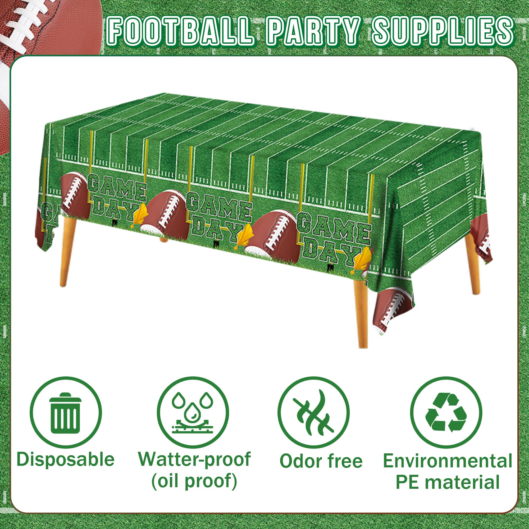 Football Party Supplies Decor Kit for 24 Guests - 3 Tablecloths, Microwave-Safe Plates, Napkins, Cups, Cutlery & GAME TIME Banner | Football Touchdown Decor for Birthday, Tailgate Party, Big Game Day