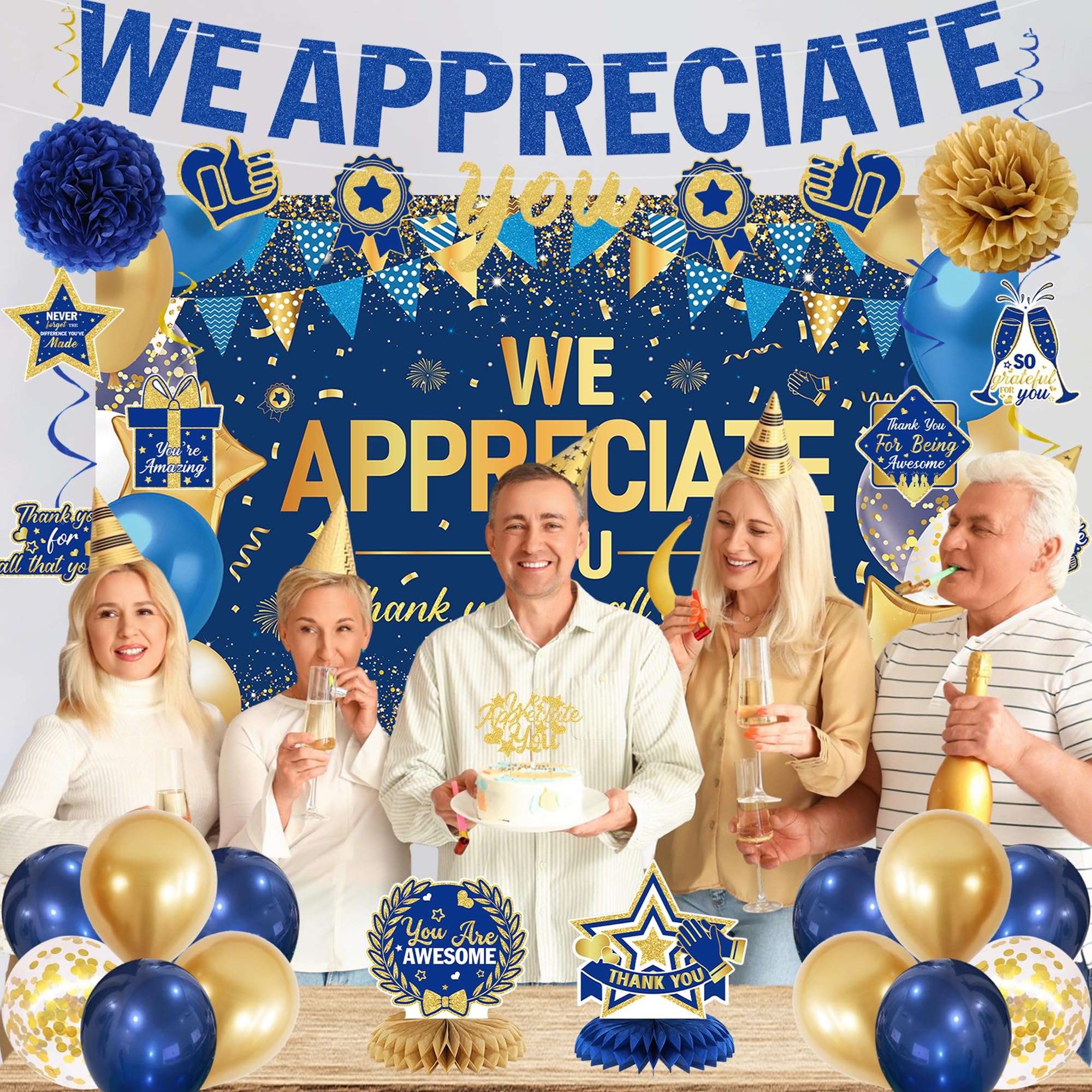 DARUNAXY Blue Gold We Appreciate You Decorations Set for Men Women