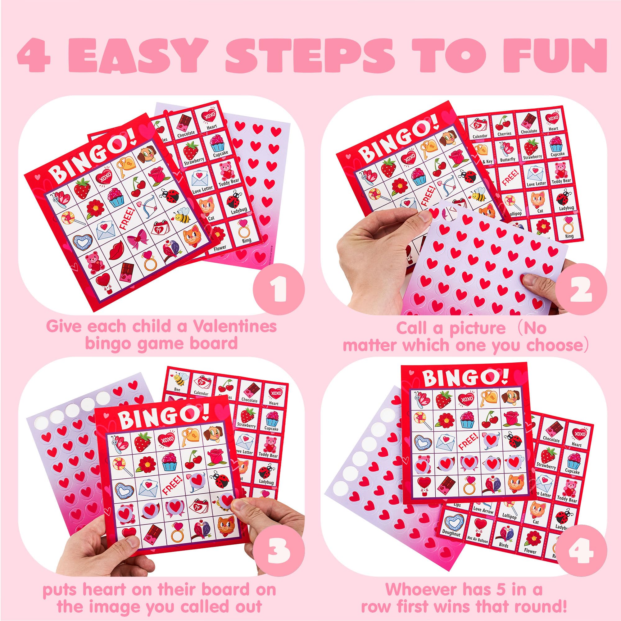 JOYIN 28 Players Valentine's Day Bingo Set, Game Cards for Kids School Classroom Party Supplies, Family Activity