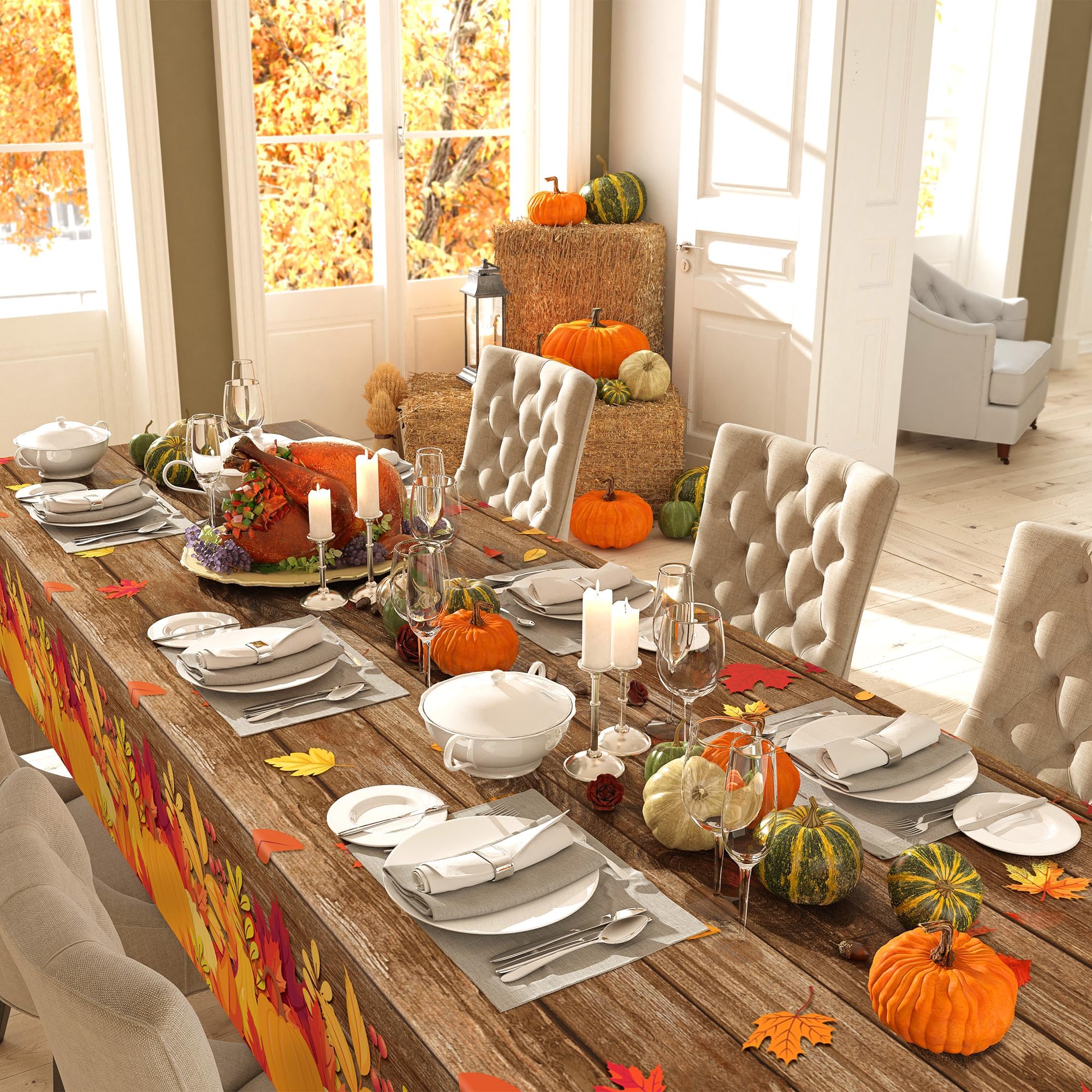 Kochorie 100 Ft x 54 Inch Fall Plastic Tablecloth Roll with Slide Cutter Thanksgiving Pumpkin Maple Leaves Table Cloth Autumn Harvest Party Table Cover Roll for Autumn Events Family Banquet Parties