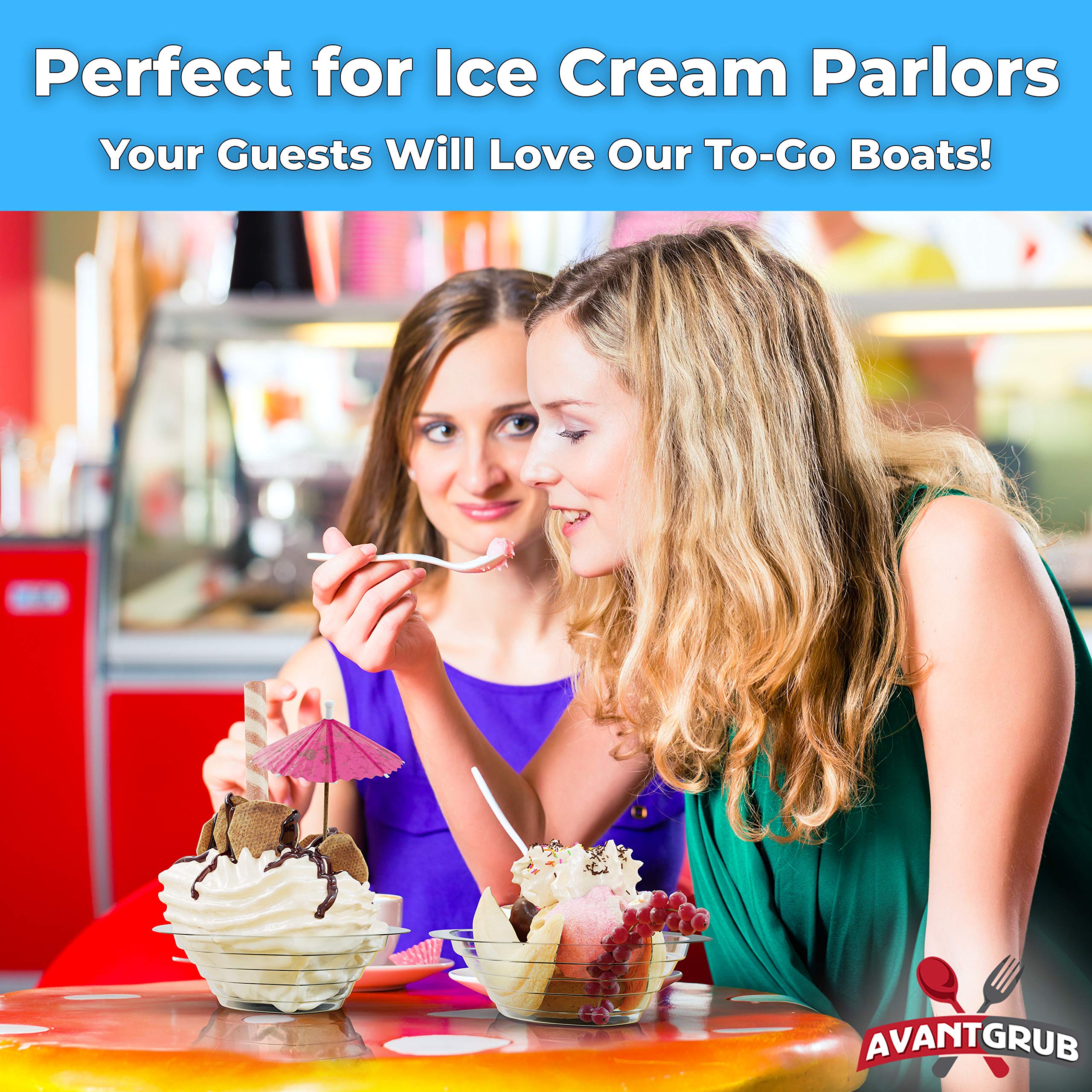Super Fun Recyclable 8oz Banana Split Boats 250 Pack. Durable, Disposable Ice Cream Sundae Bowls. Perfect Plastic Cups for Social Event or Kids Birthday Party. Great Clear Dessert Tray for Carnivals.