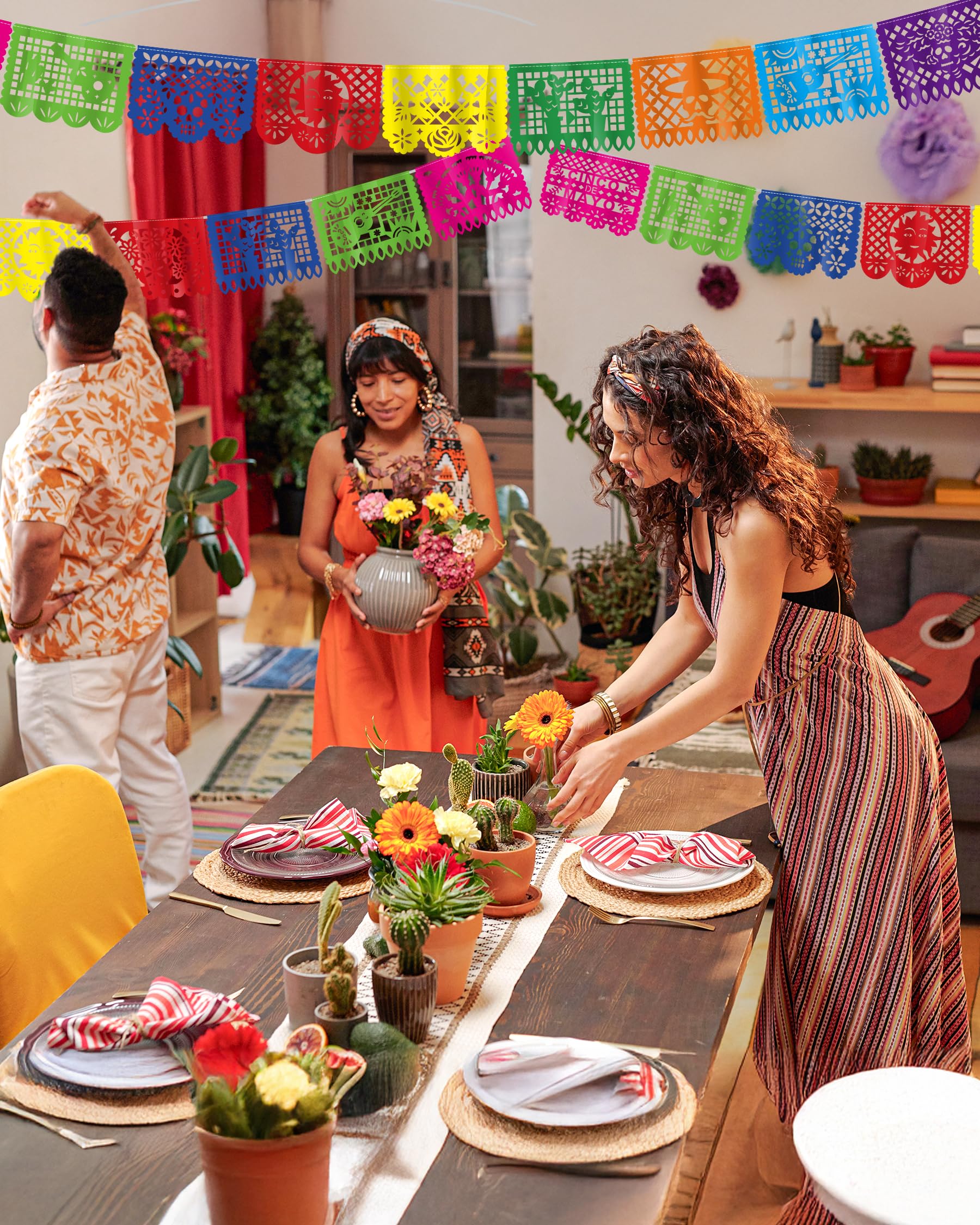 36 FT Cinco De Mayo Decorations, 2 Pack Mexican Party Banner, Plastic Fiesta Banner Colorful Papel Picado Hanging Banner String Flags Mexican Theme Party Dia De Los Muertos Day of the Dead Decor